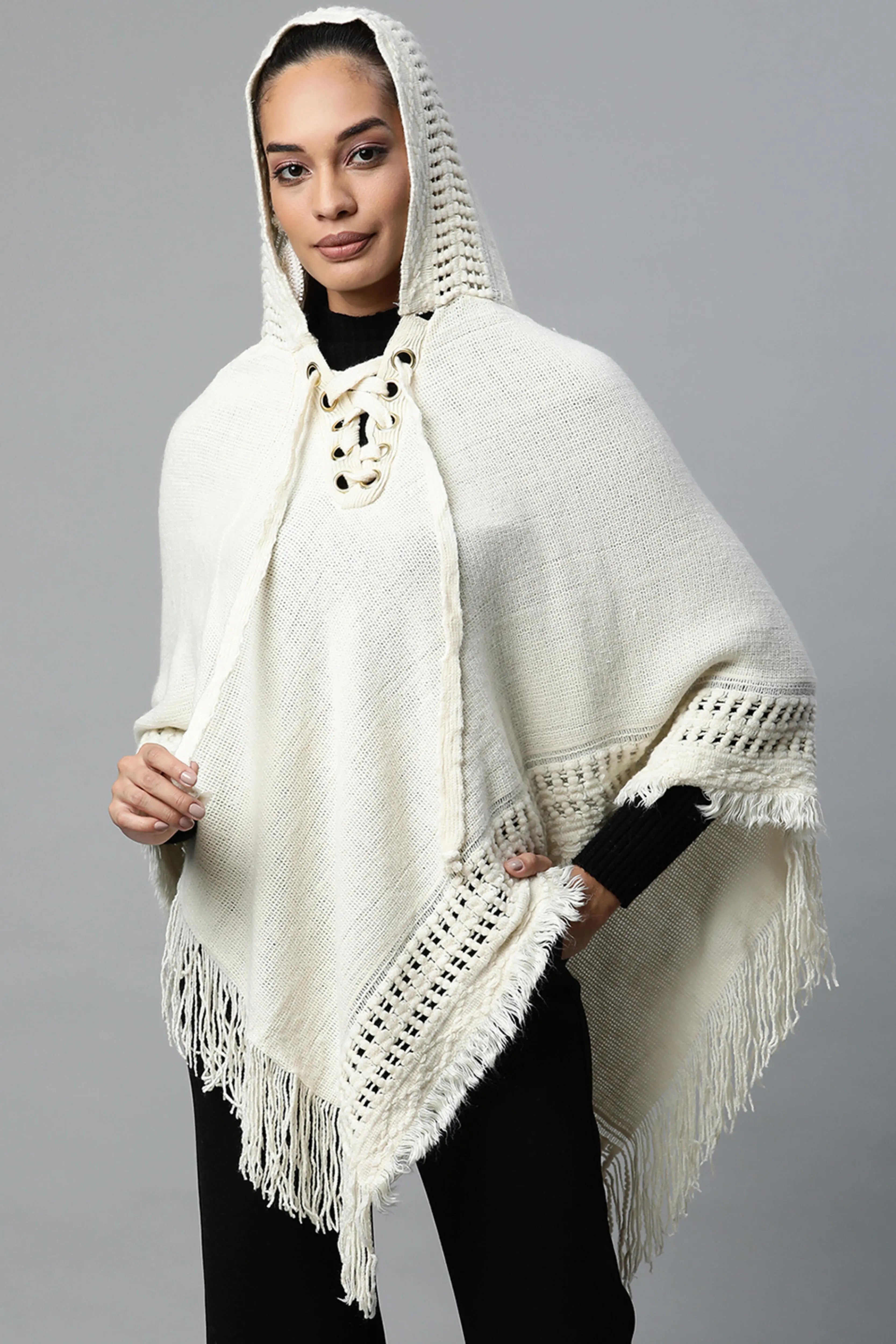 Women Off-White Hooded Lace-Up Asymmetric Poncho