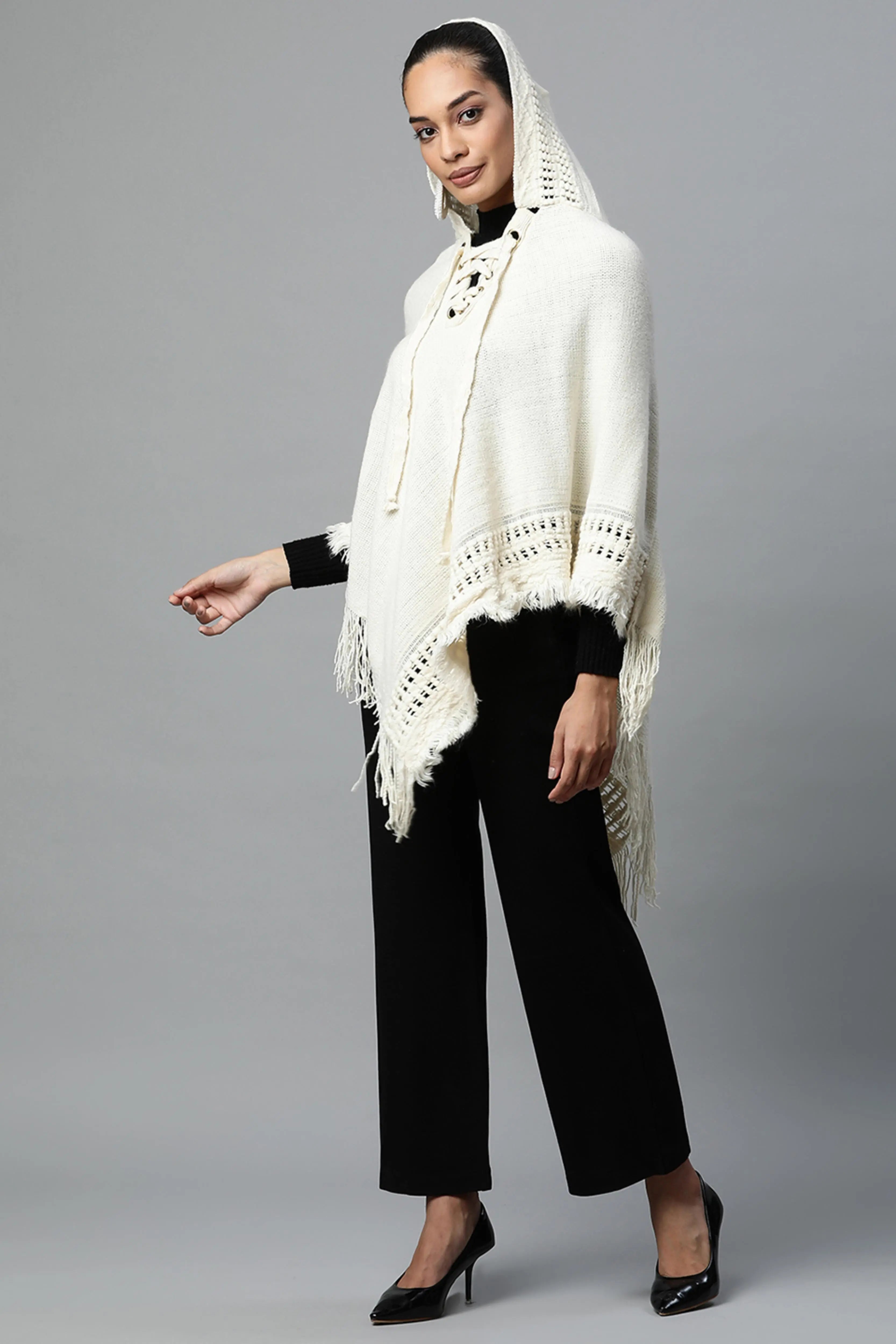 Off-White Hooded Lace-Up Asymmetric Poncho - Global Republic