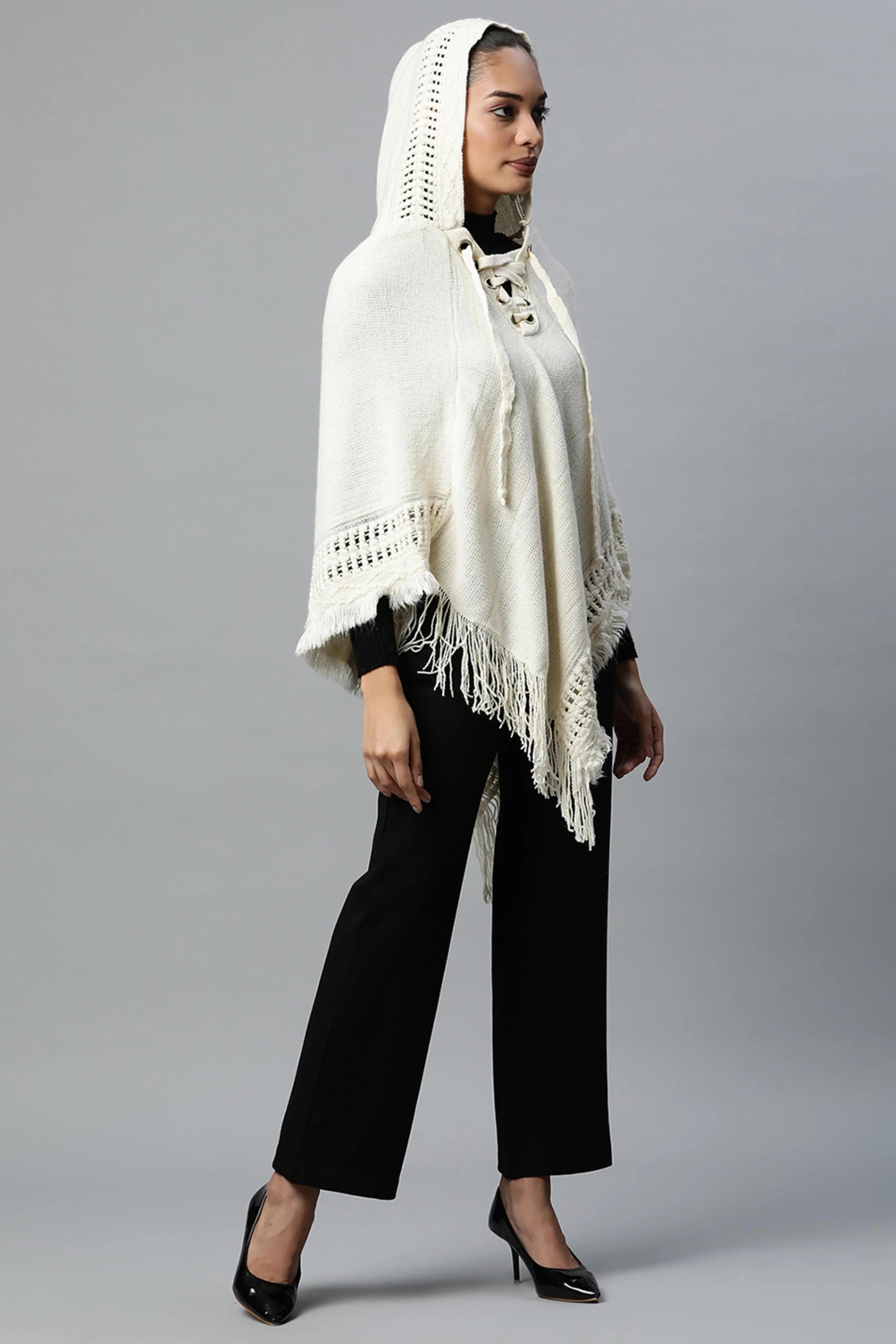 Off-White Hooded Lace-Up Asymmetric Poncho - Global Republic