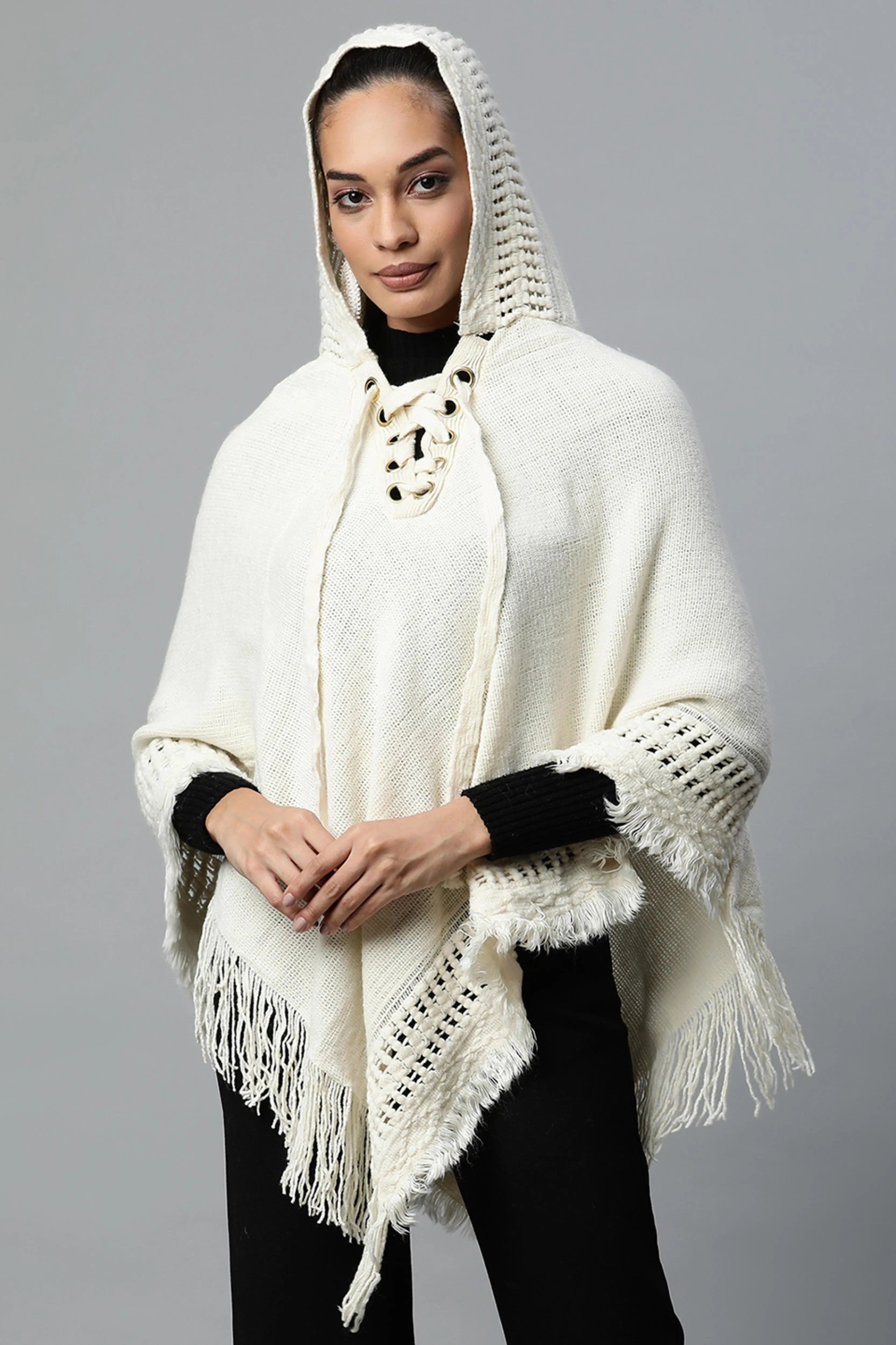 Off-White Hooded Lace-Up Asymmetric Poncho - Global Republic
