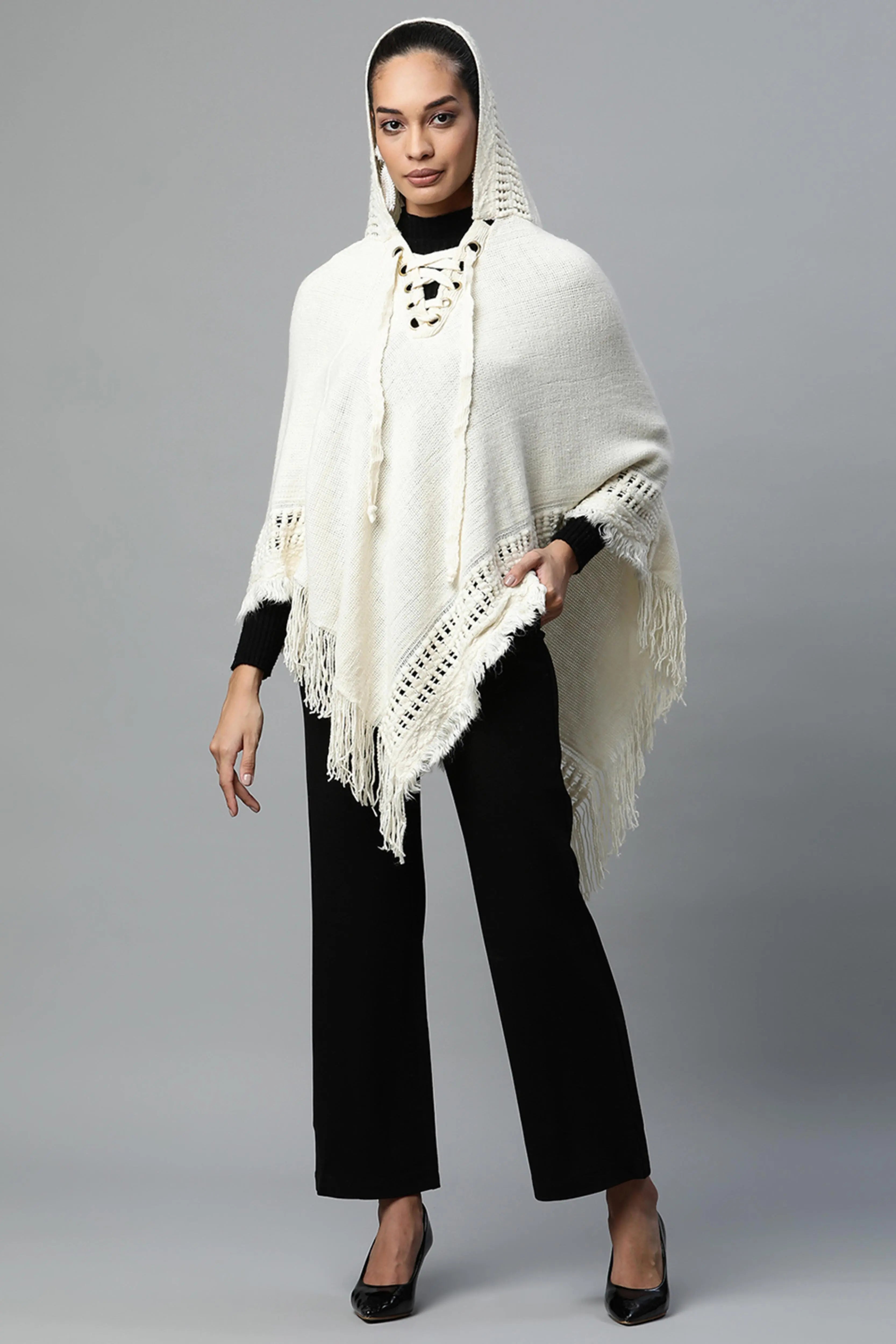 Off-White Hooded Lace-Up Asymmetric Poncho - Global Republic