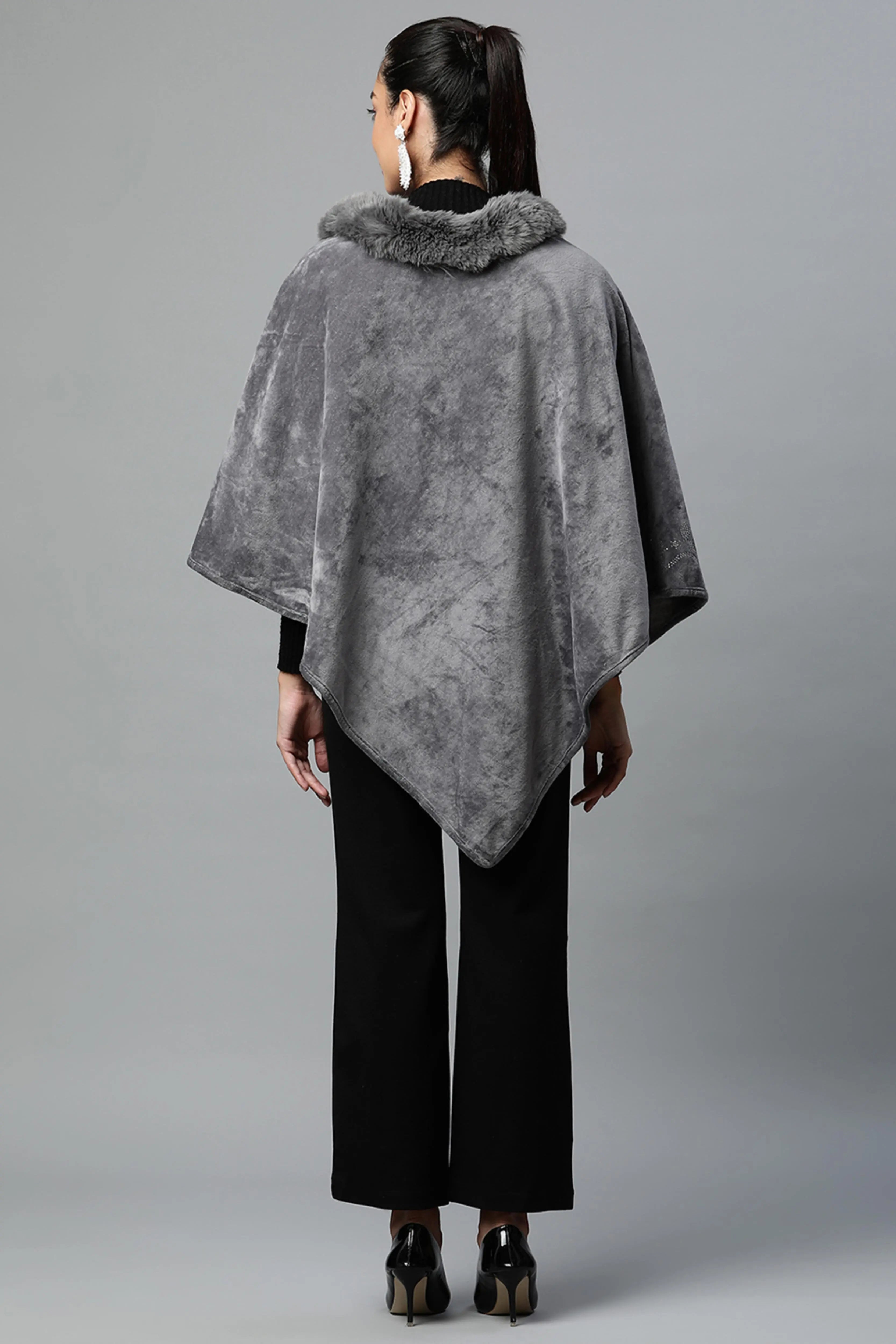 Grey Furry Neck Embellished Velvet Poncho - Global Republic