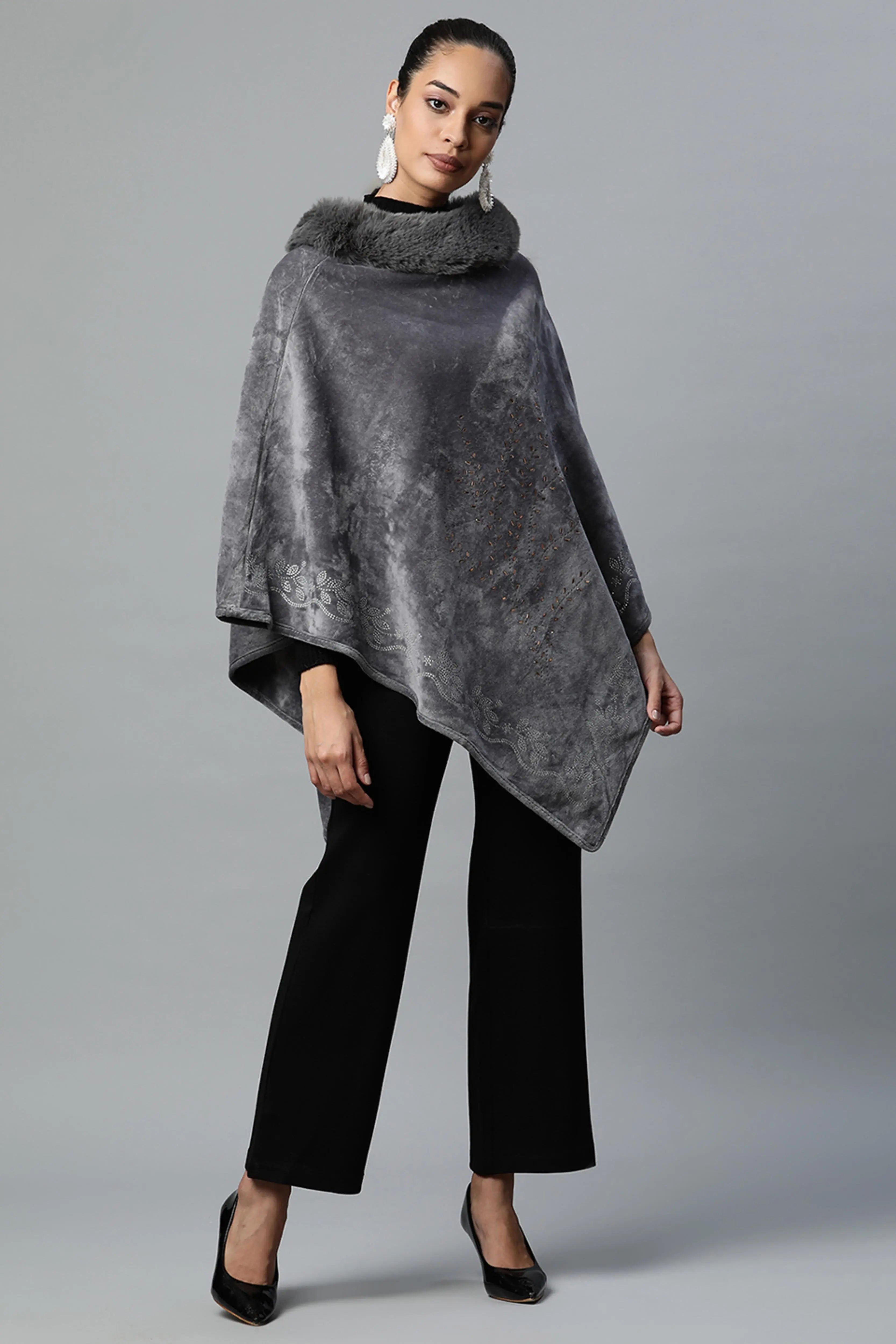 Grey Furry Neck Embellished Velvet Poncho - Global Republic