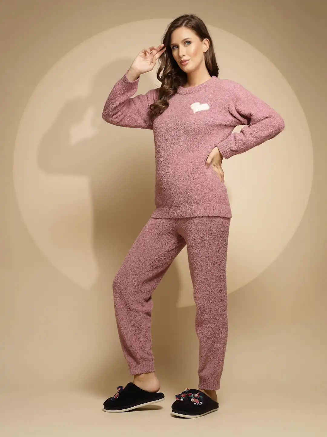 Pink Solid Full Sleeve Round Neck ester Night Suit - Global Republic
