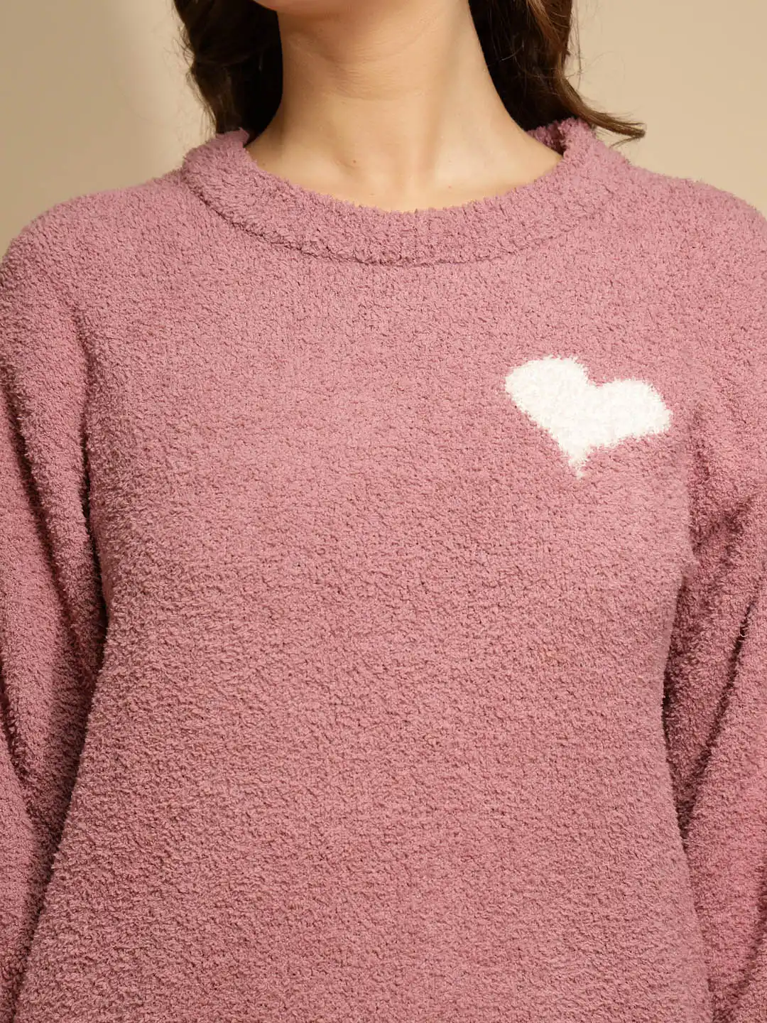 Pink Solid Full Sleeve Round Neck ester Night Suit - Global Republic