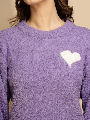 Purple Solid Full Sleeve Round Neck Night Suit