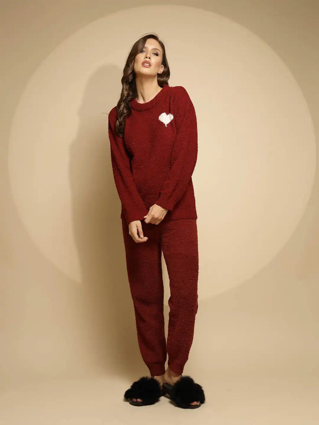 Red Solid Full Sleeve Round Neck Night Suit