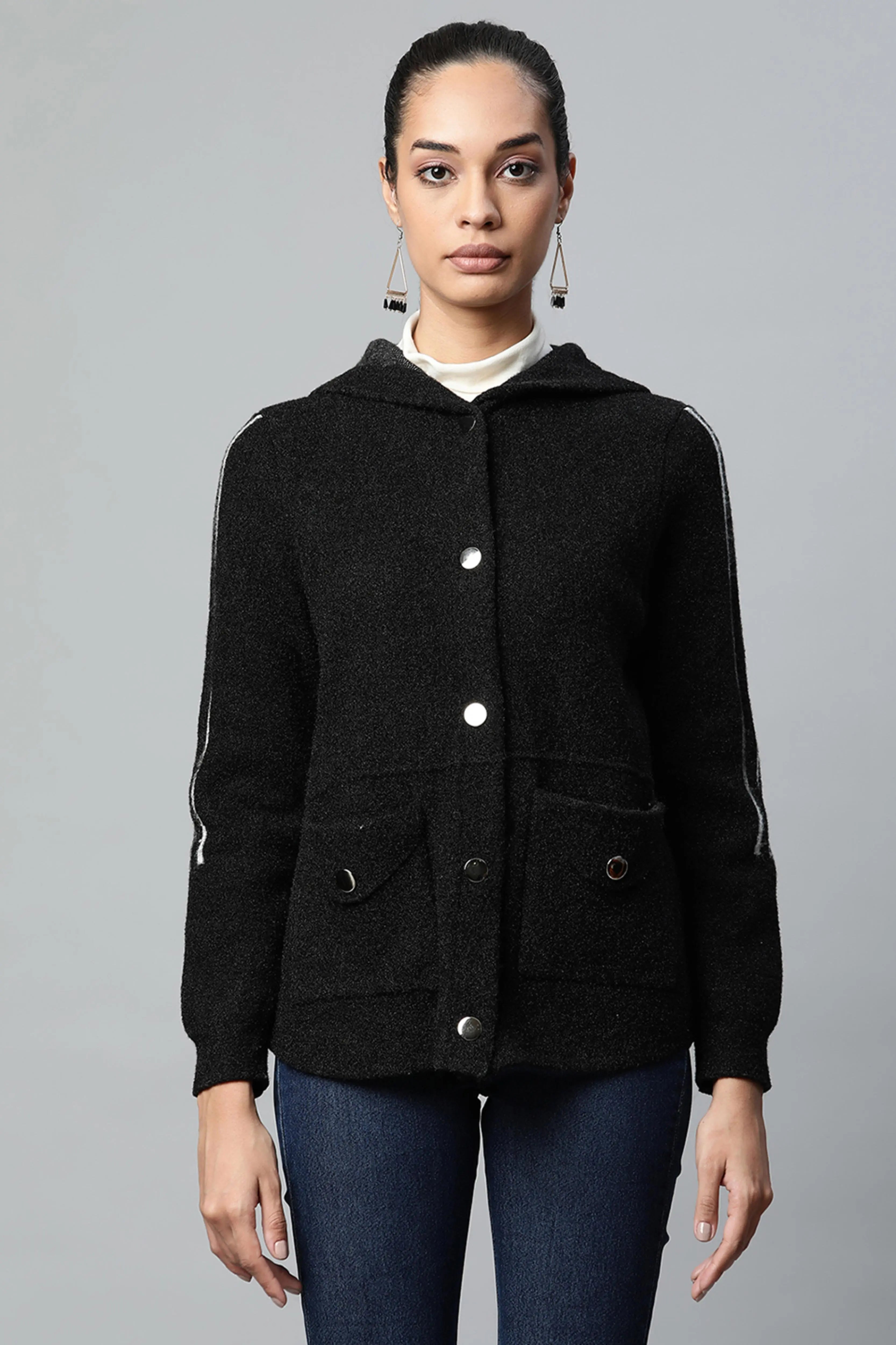 Women Black Full Sleeves Hooded Jacket 