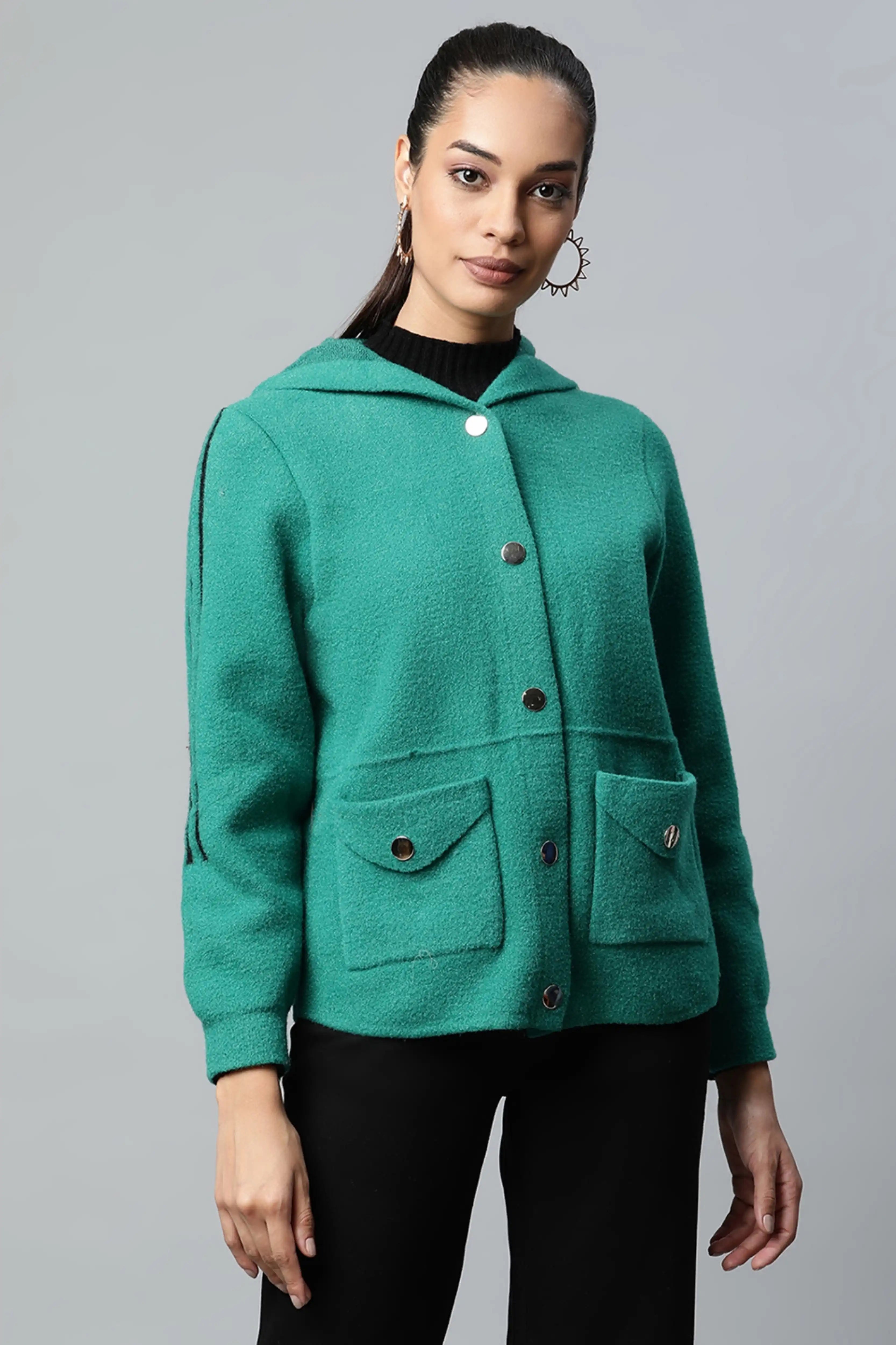 Green Hooded Zipper Jacket