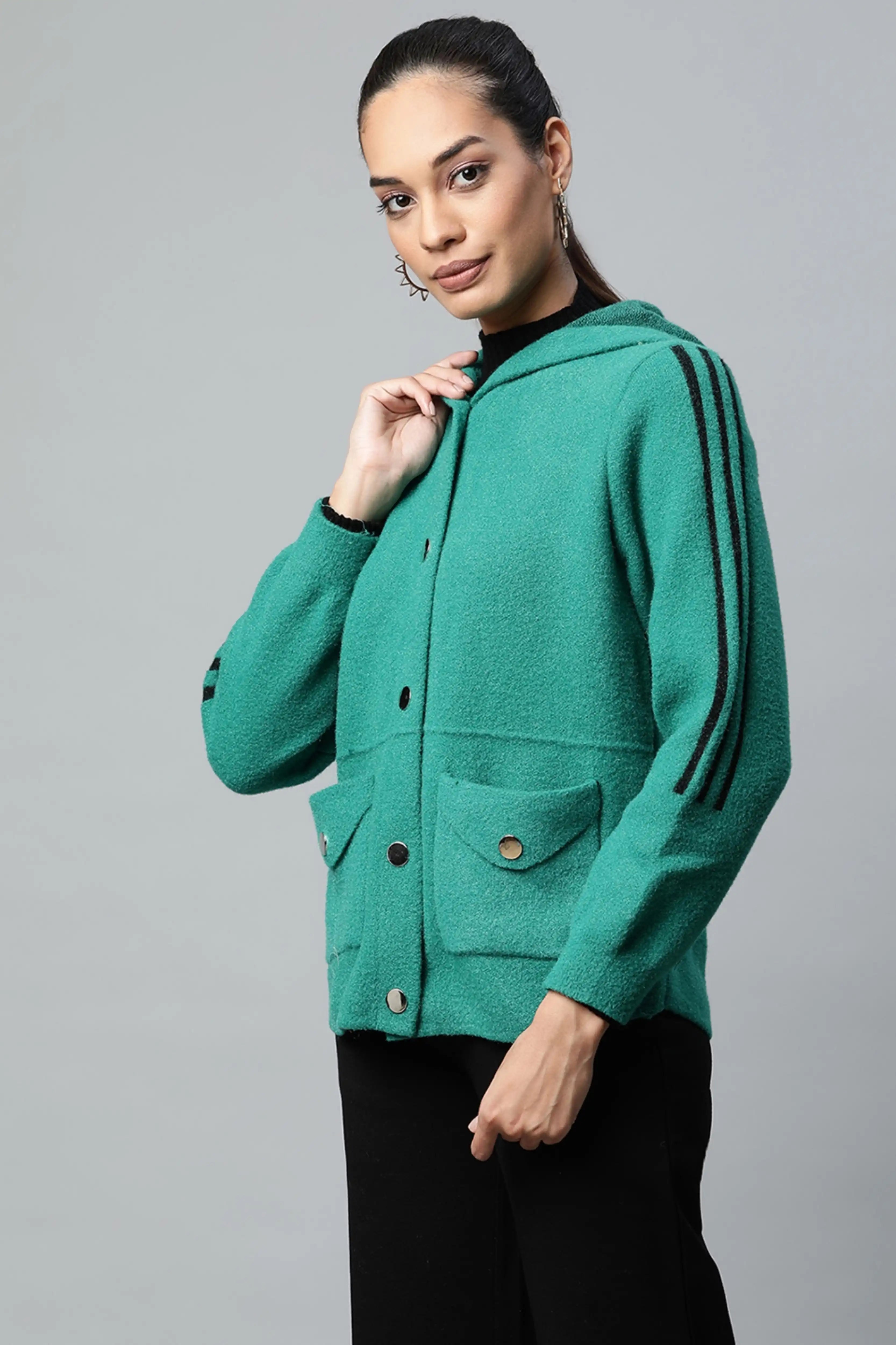 Green Hooded Zipper Jacket