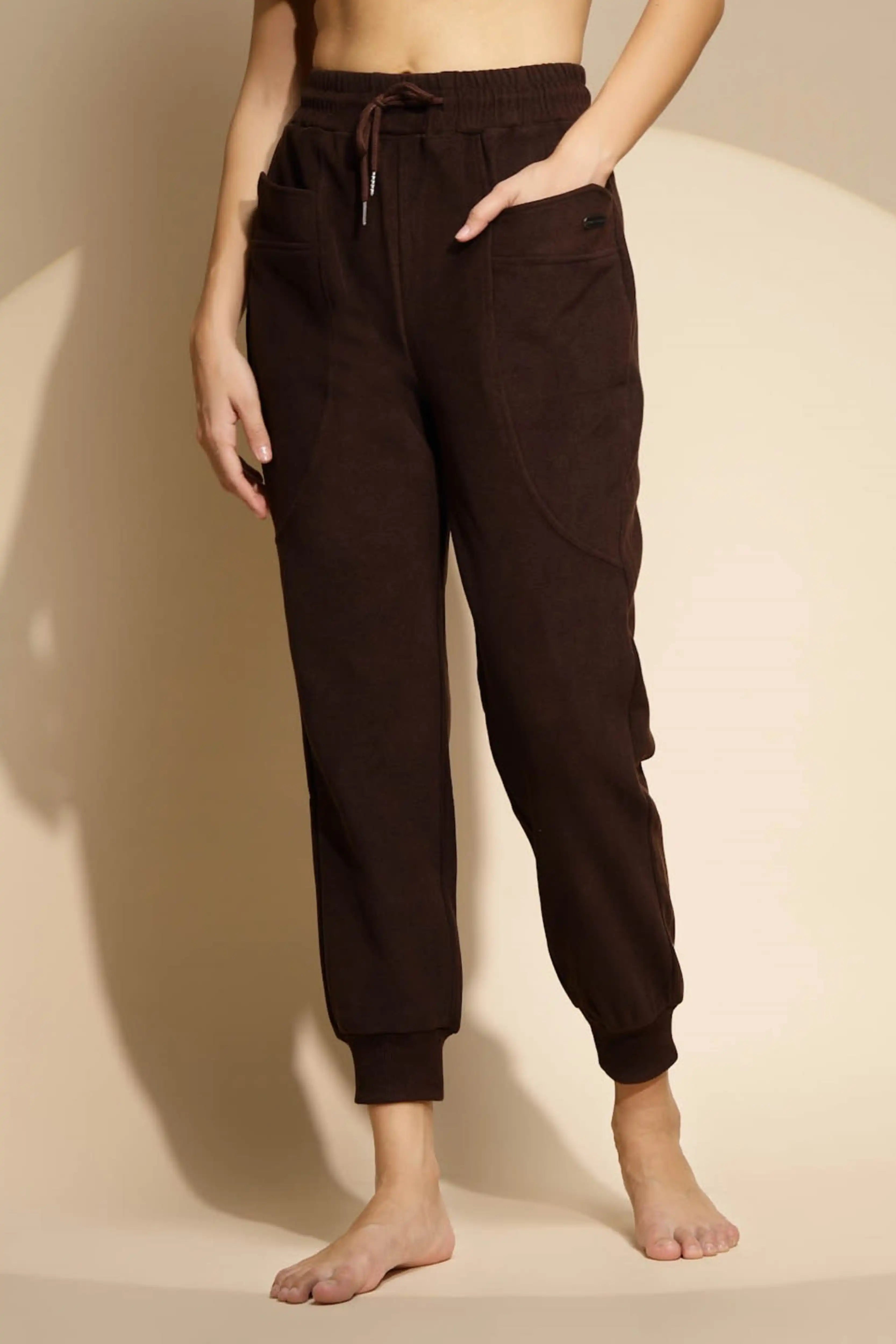 Brown Solid High Rise Jogger