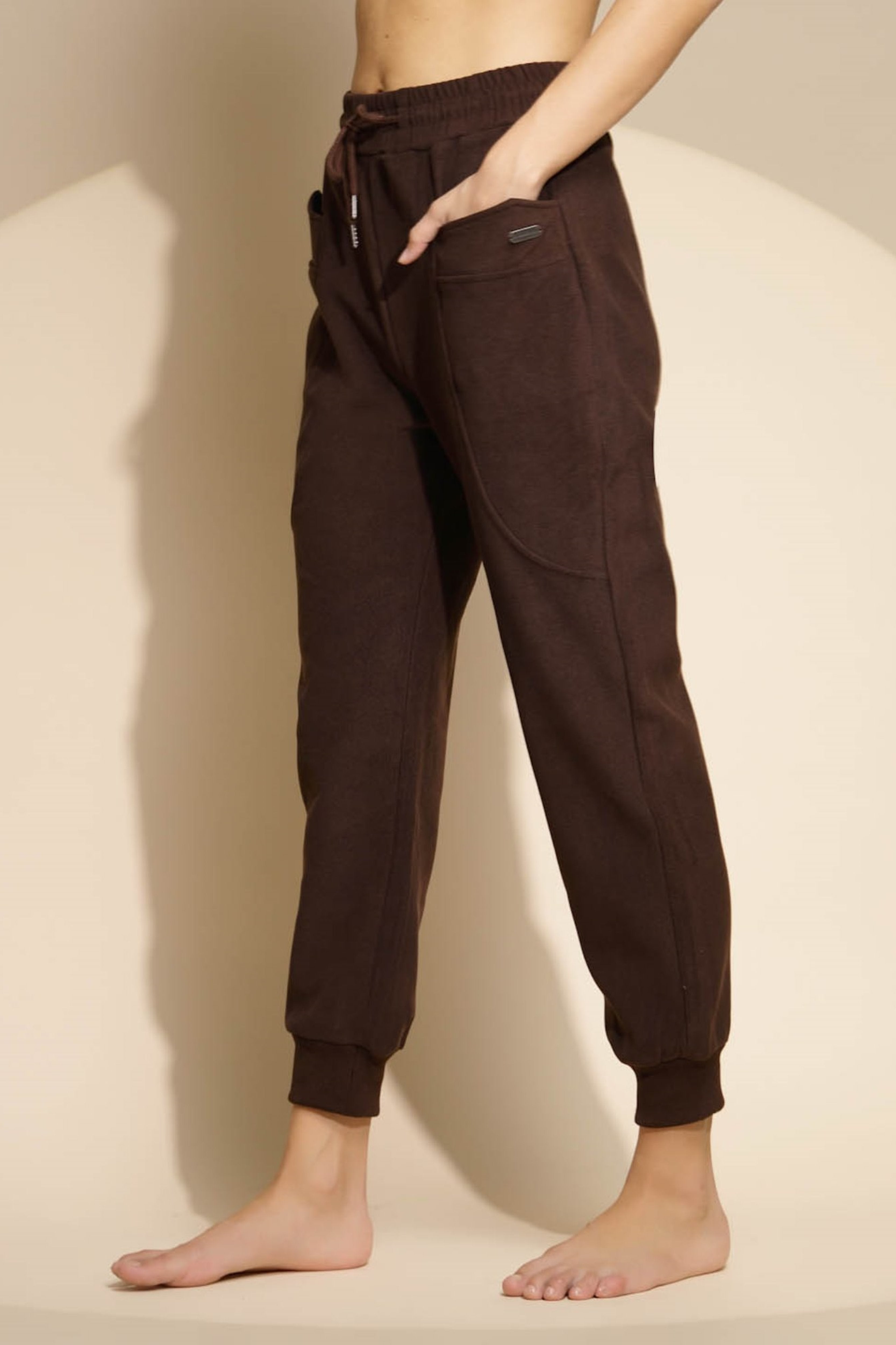 Brown Solid High Rise Jogger