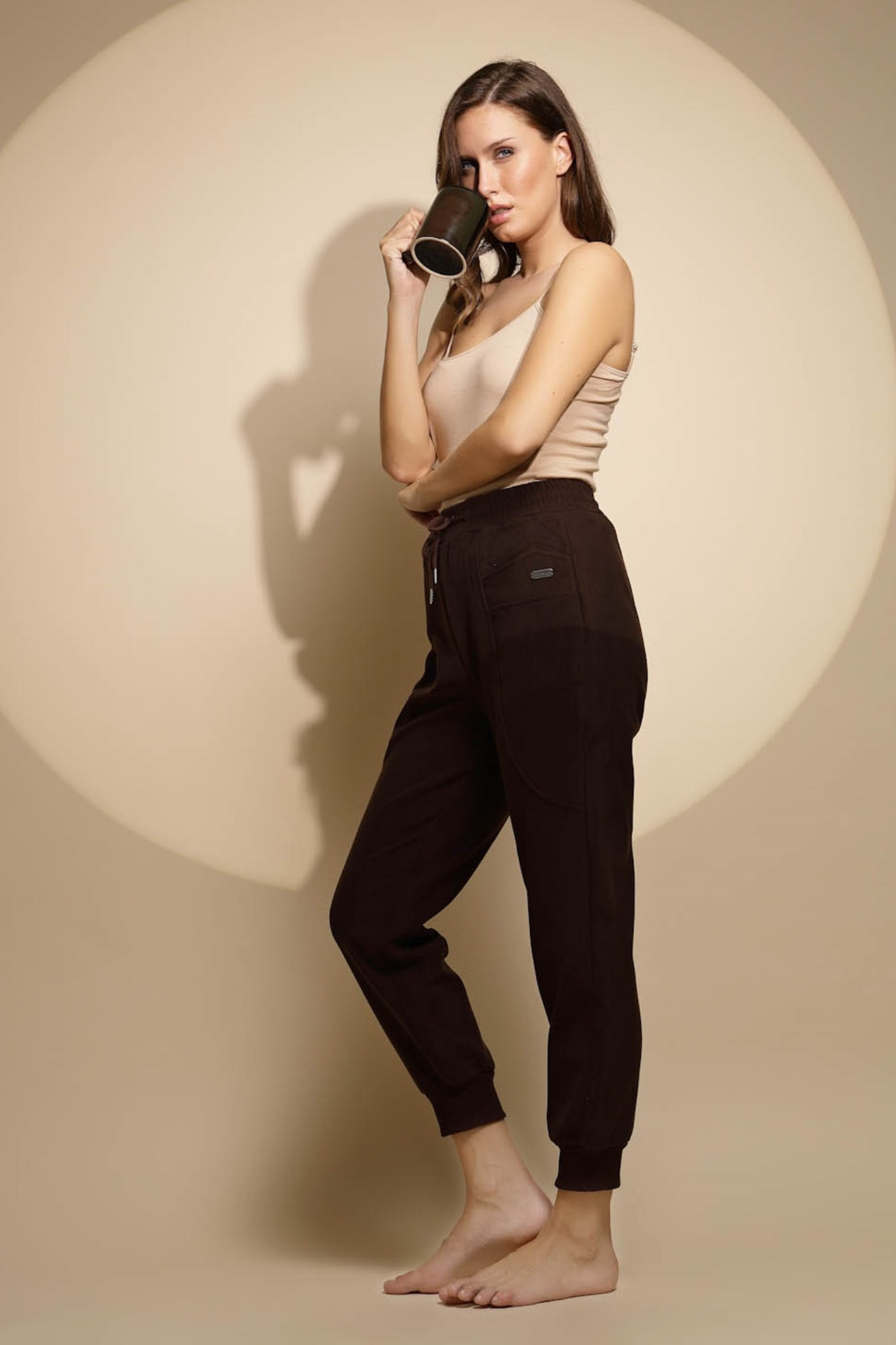 Brown Solid High Rise Jogger