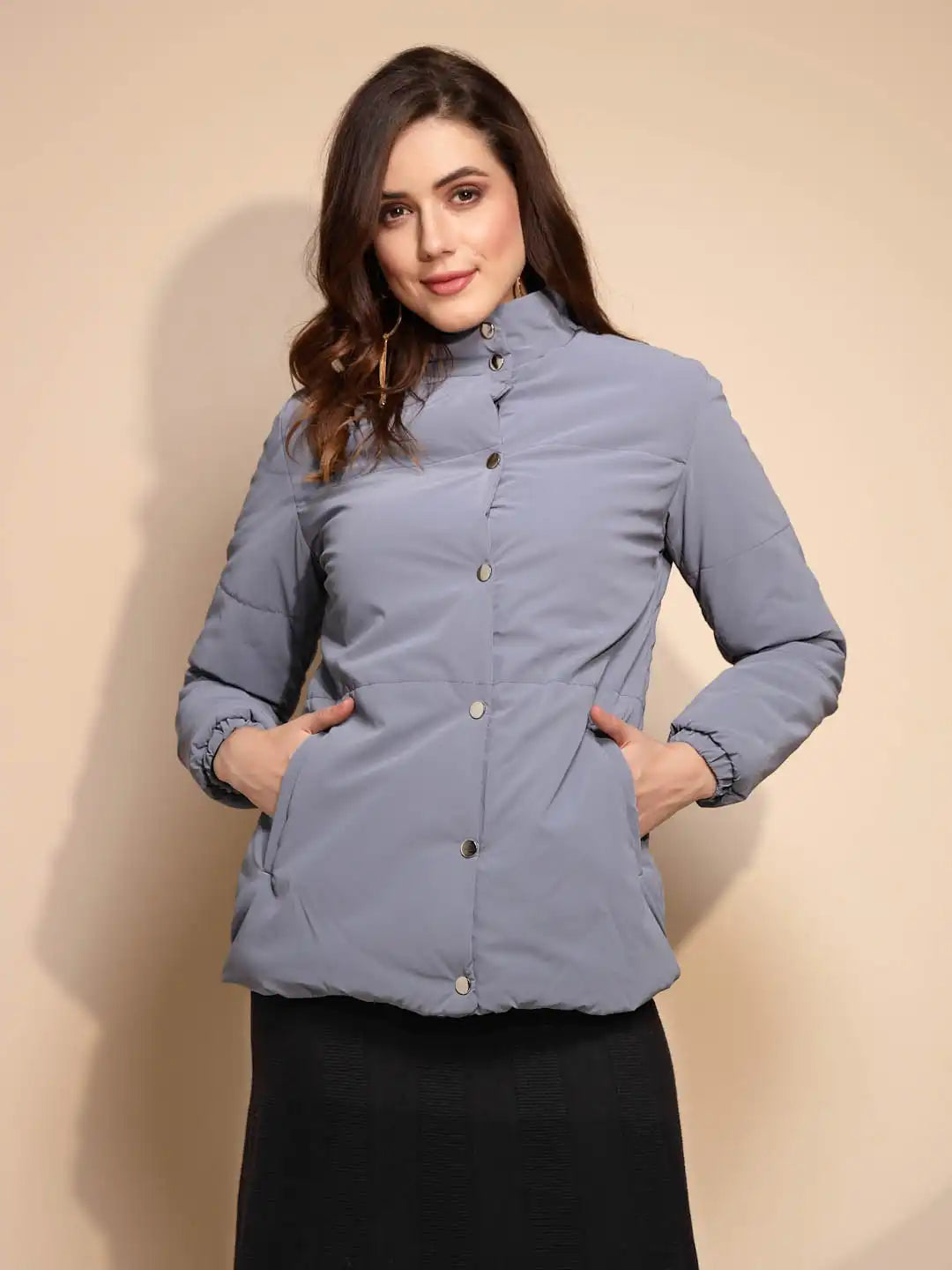 Grey Solid Turtle Neck Polyester Jacket