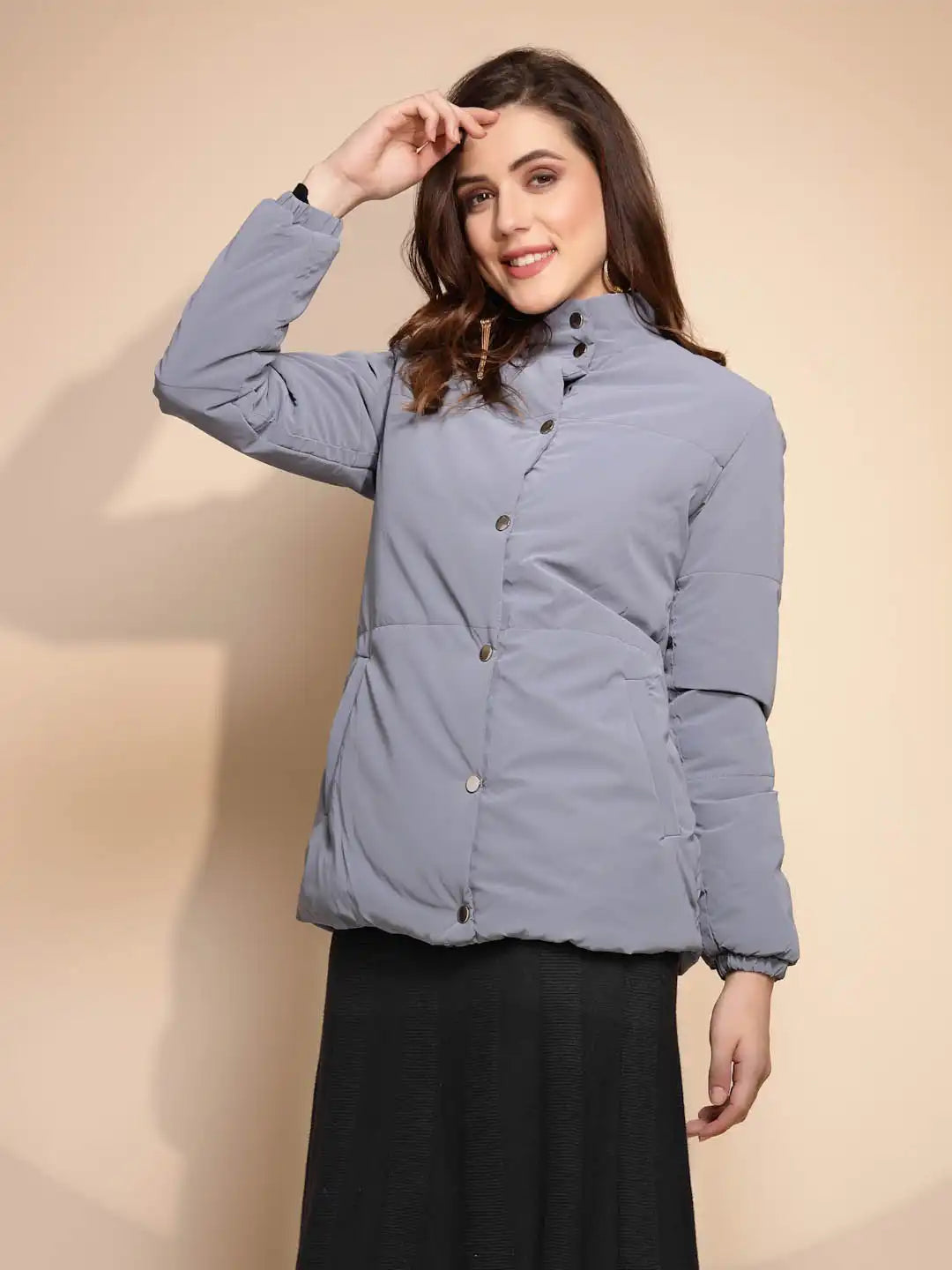 Grey Solid Puffer Jacket