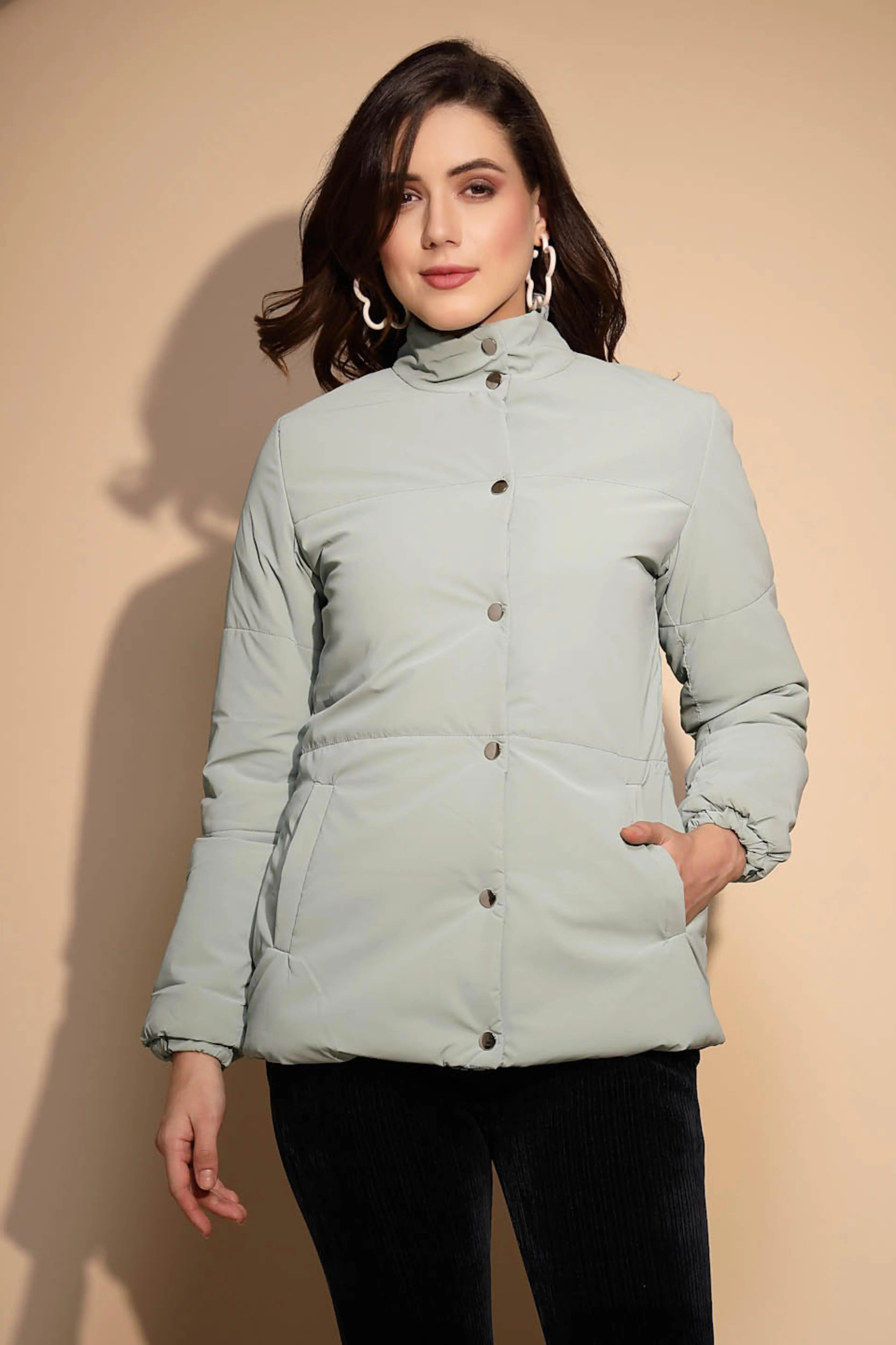 Green Solid Puffer Jacket - Global Republic