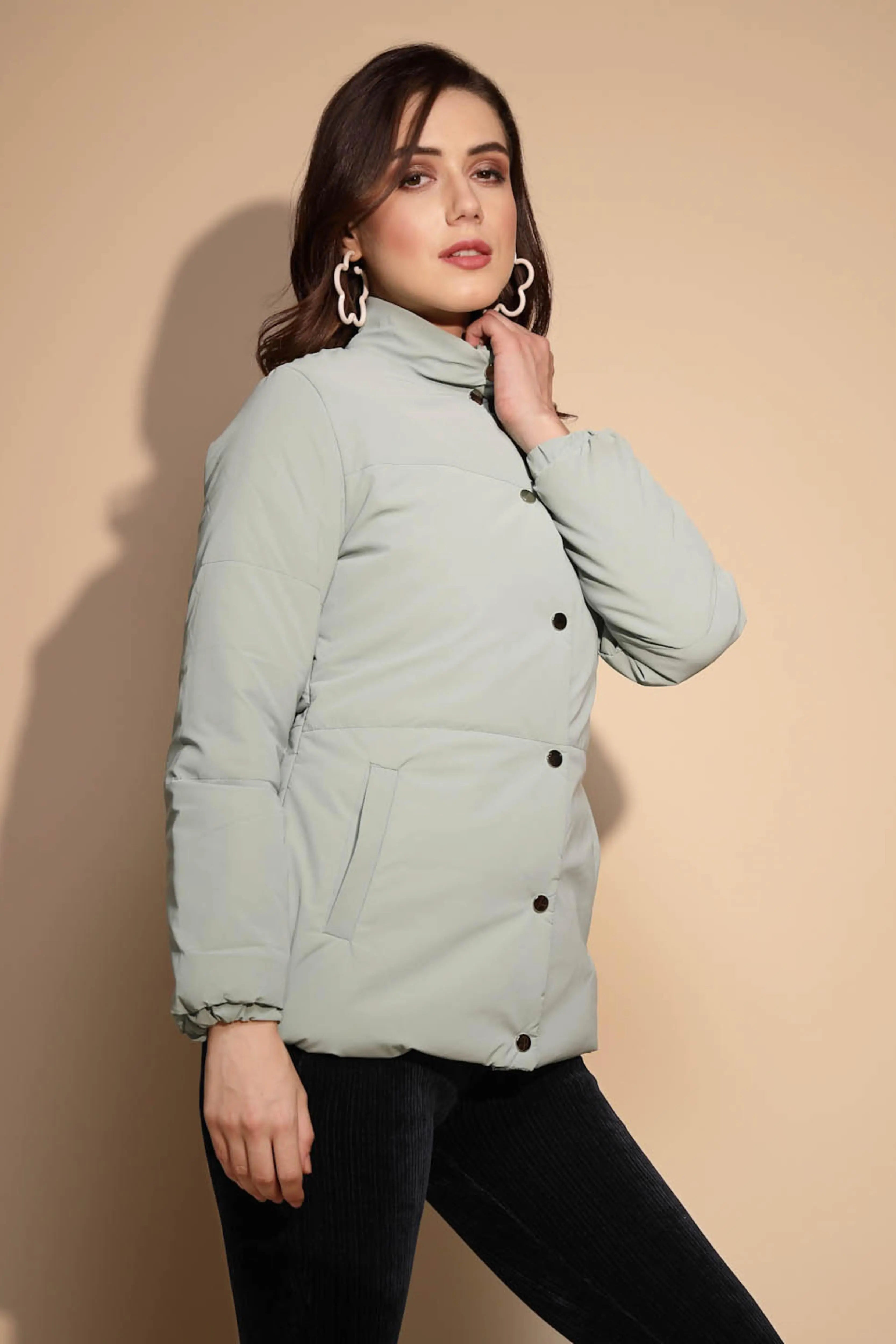 Green Solid Puffer Jacket - Global Republic