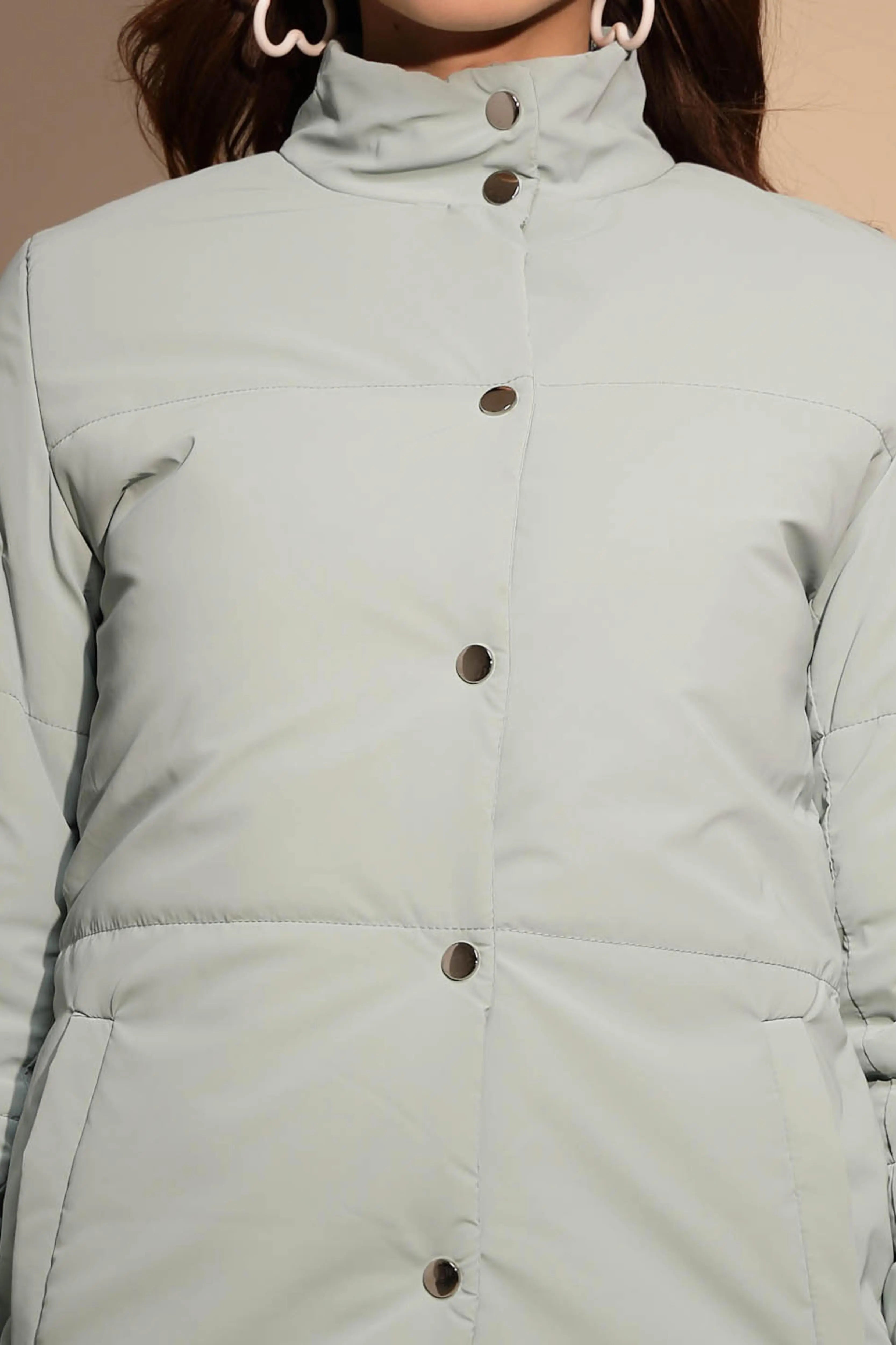 Green Solid Puffer Jacket - Global Republic