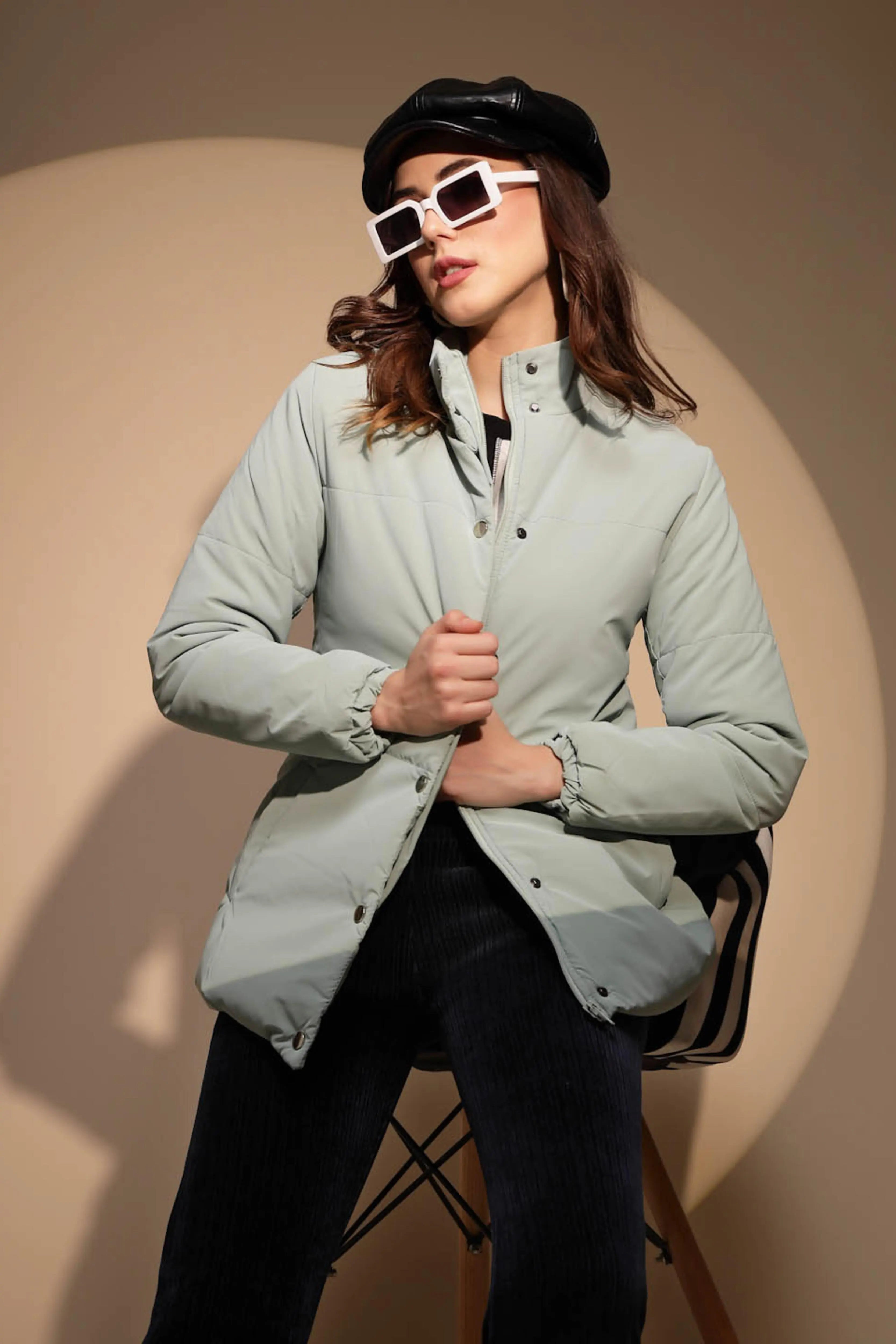 Green Solid Puffer Jacket - Global Republic