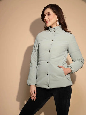 Women's Solid Turtle Neck Green Jacket