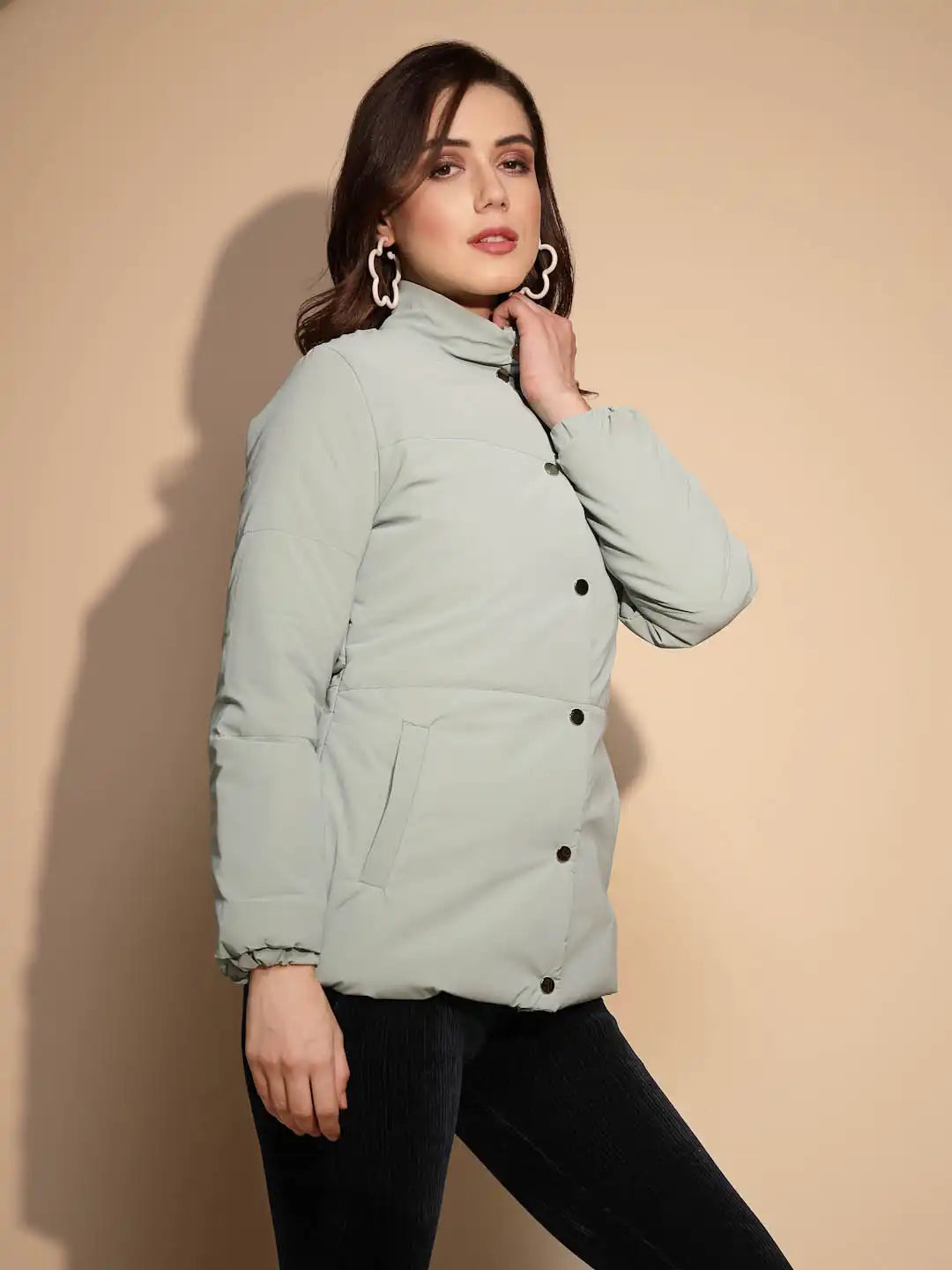 Green Solid Puffer Jacket
