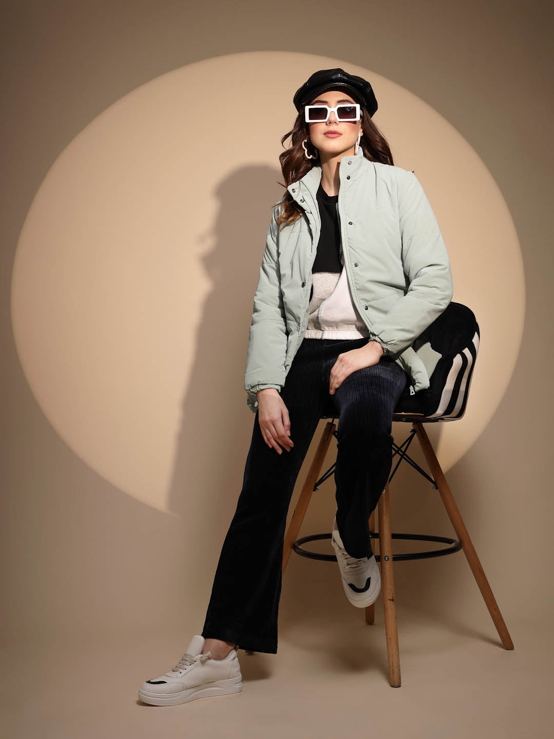 Green Solid Puffer Jacket