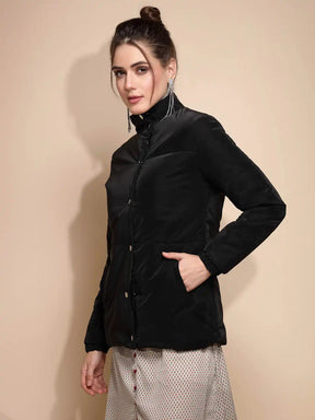 Women's Solid Turtle Neck Black Jacket