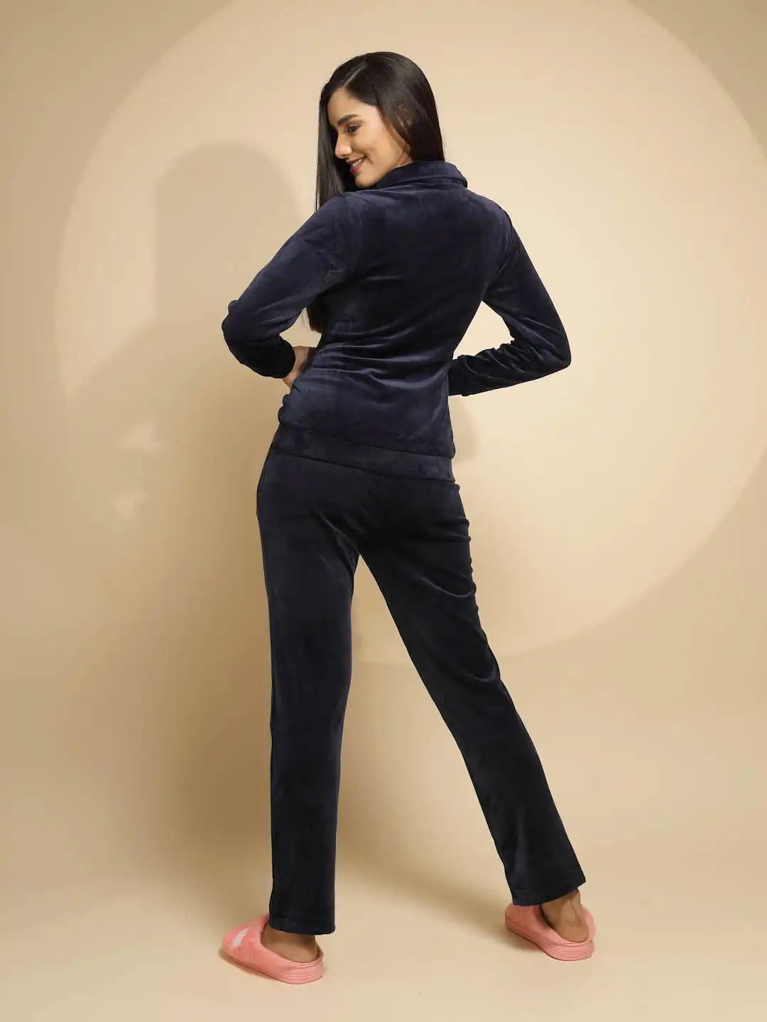 Blue Solid Full Sleeve Collared Neck Hosiery Night Suit Set - Global Republic
