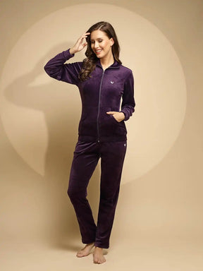 Purple Solid Full Sleeve Round Neck Hosiery Night Suit