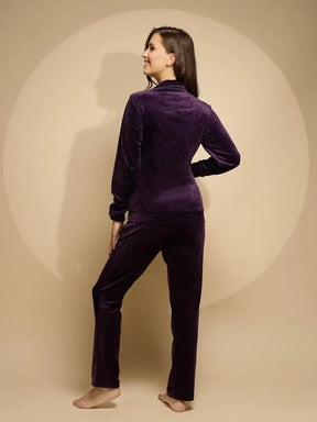 Purple Solid Full Sleeve Round Neck Hosiery Night Suit