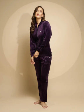 Purple Solid Full Sleeve Round Neck Hosiery Night Suit