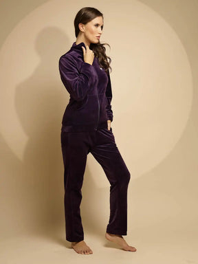 Purple Solid Full Sleeve Round Neck Hosiery Night Suit