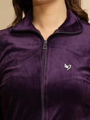 Purple Solid Full Sleeve Round Neck Hosiery Night Suit