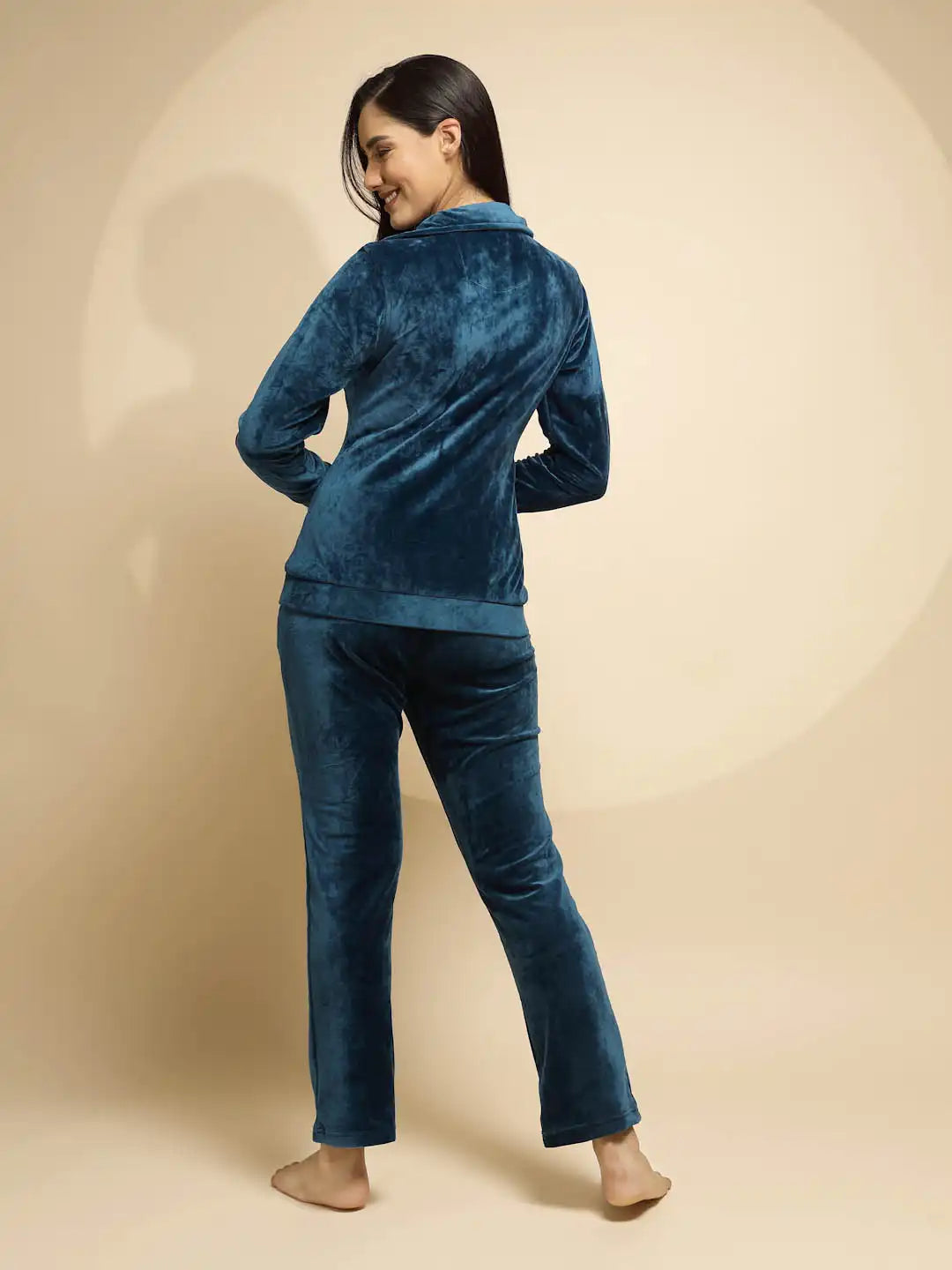 Blue Solid Full Sleeve Collared Neck Hosiery Stretchable Night Suit Set
