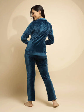 Blue Solid Full Sleeve Collared Neck Hosiery Stretchable Night Suit Set