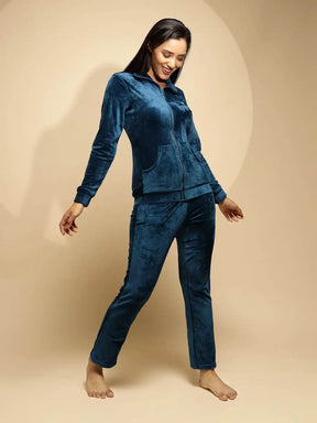 Blue Solid Full Sleeve Collared Neck Hosiery Stretchable Night Suit Set