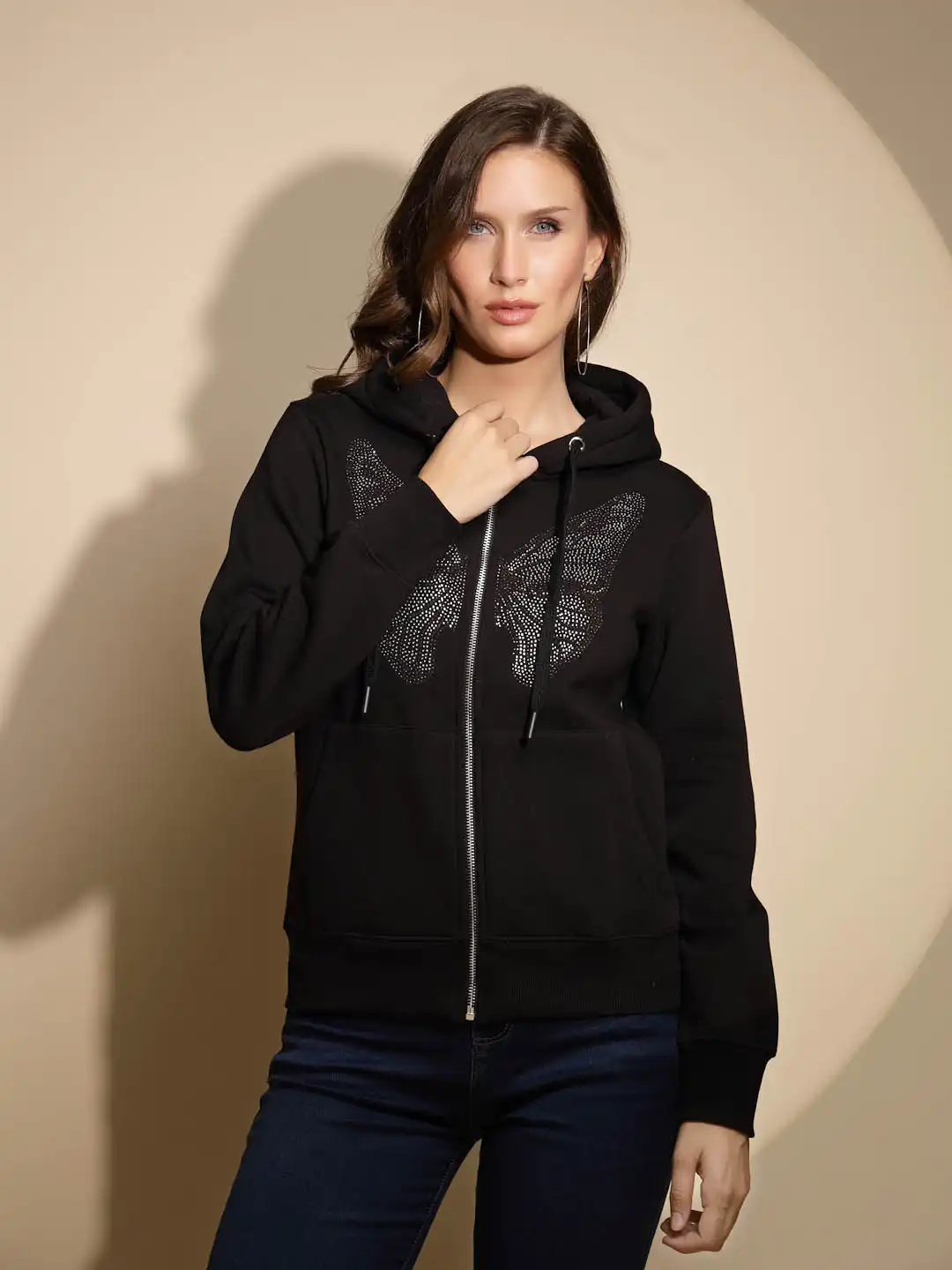 Black Embellished Full Sleeve Hood Hosiery Sweatshirt