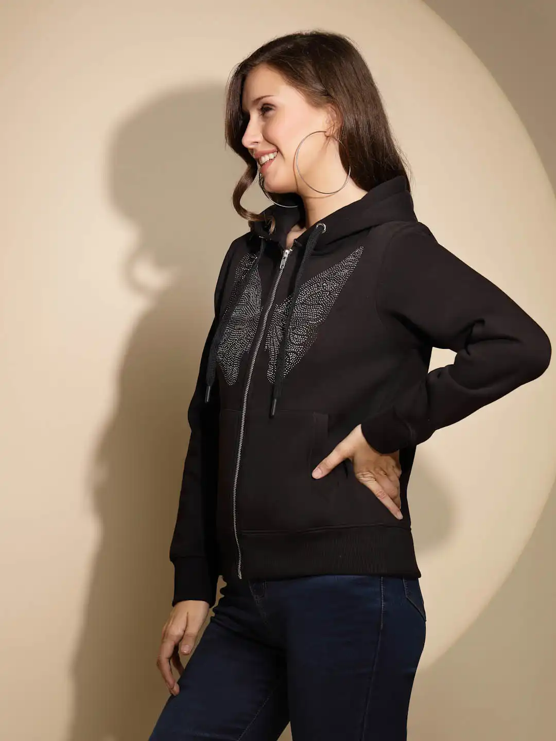 Black Embellished Full Sleeve Hood Hosiery Sweatshirt