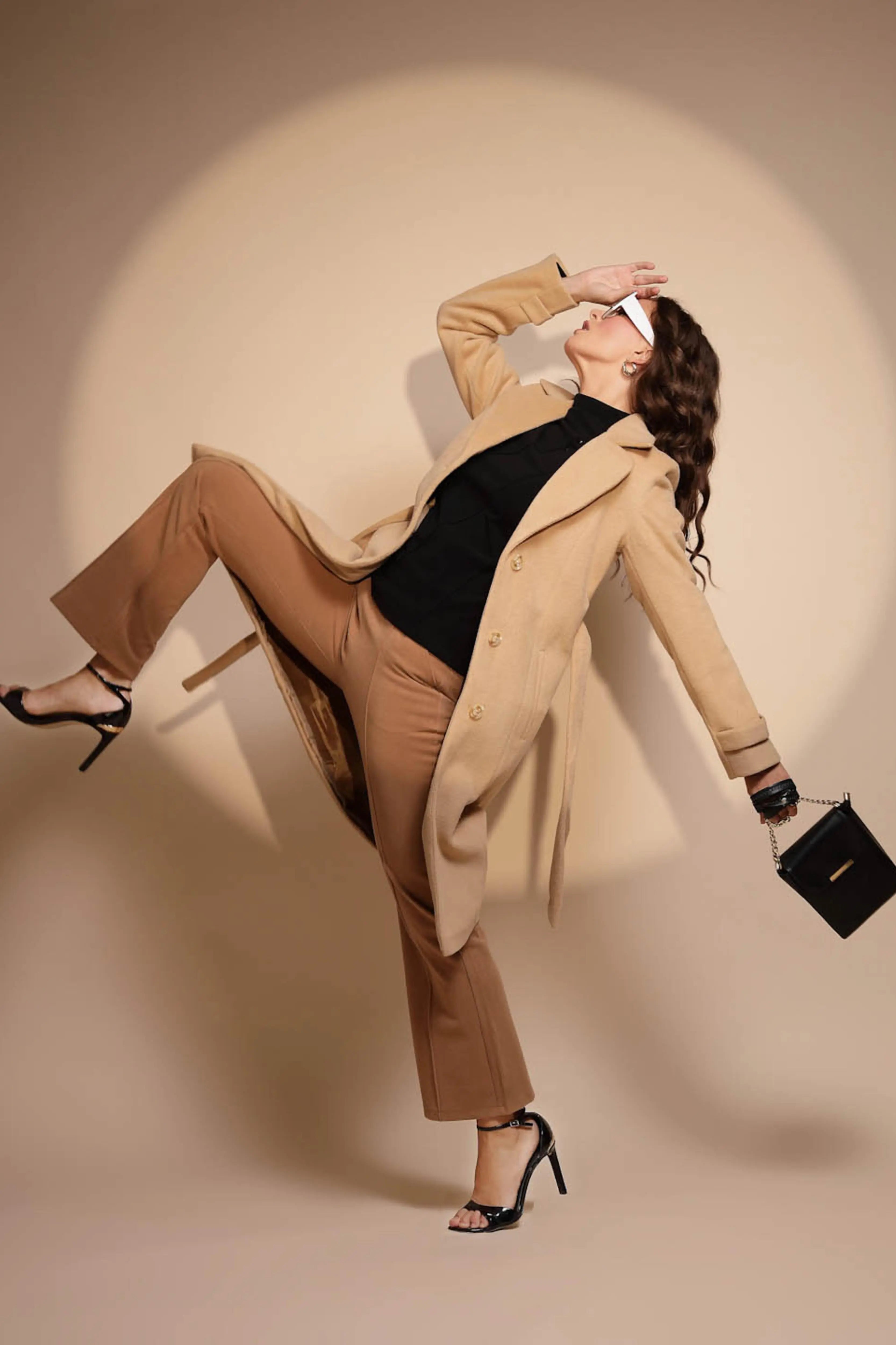 Brown Solid Tweed  Coat - Global Republic