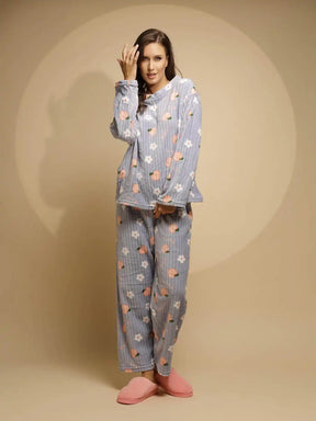 Blue Floral Print Full Sleeve Round Neck Polar Night Suit