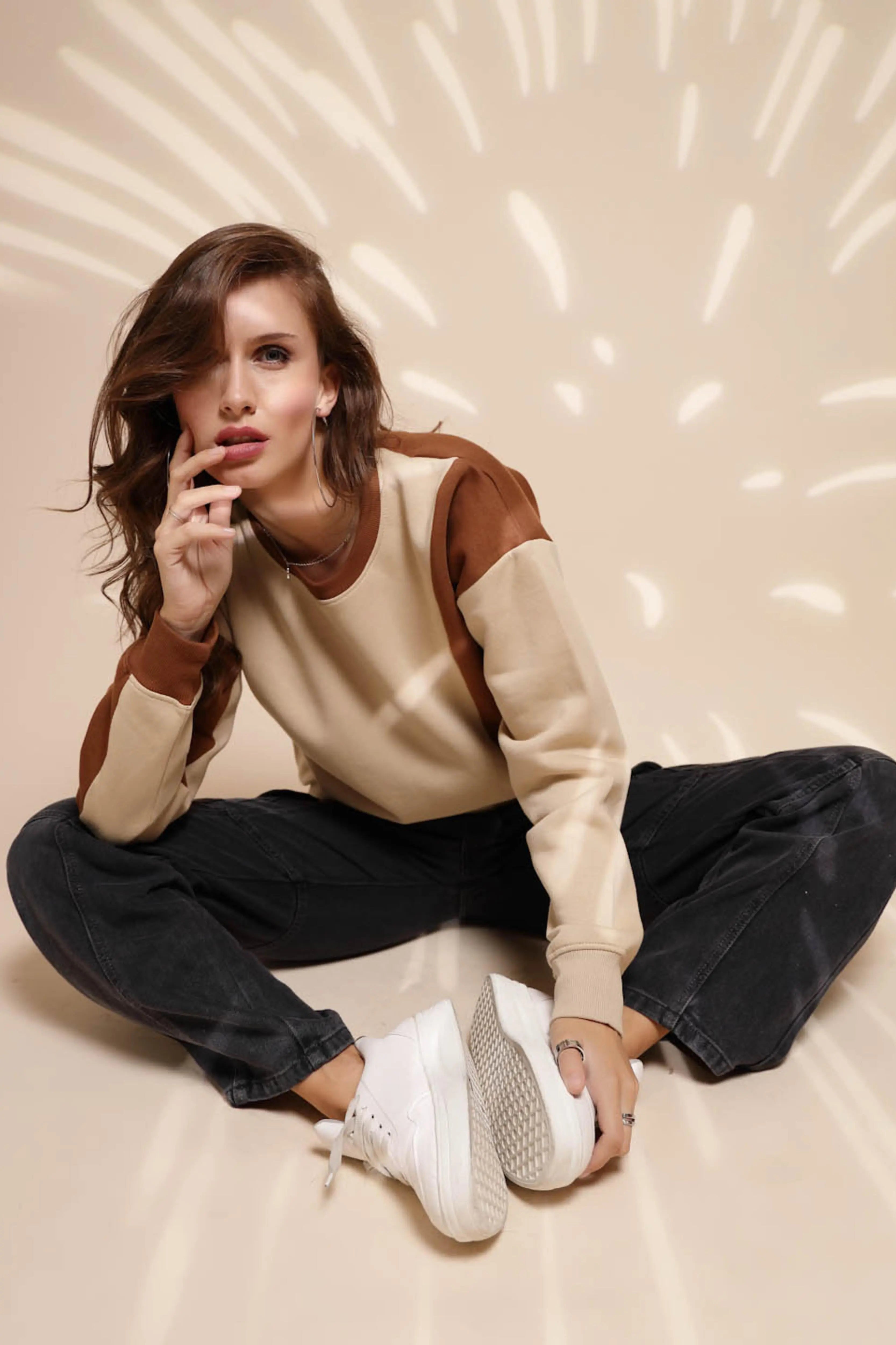 Beige Round Neck Hosiery Sweatshirt - Global Republic