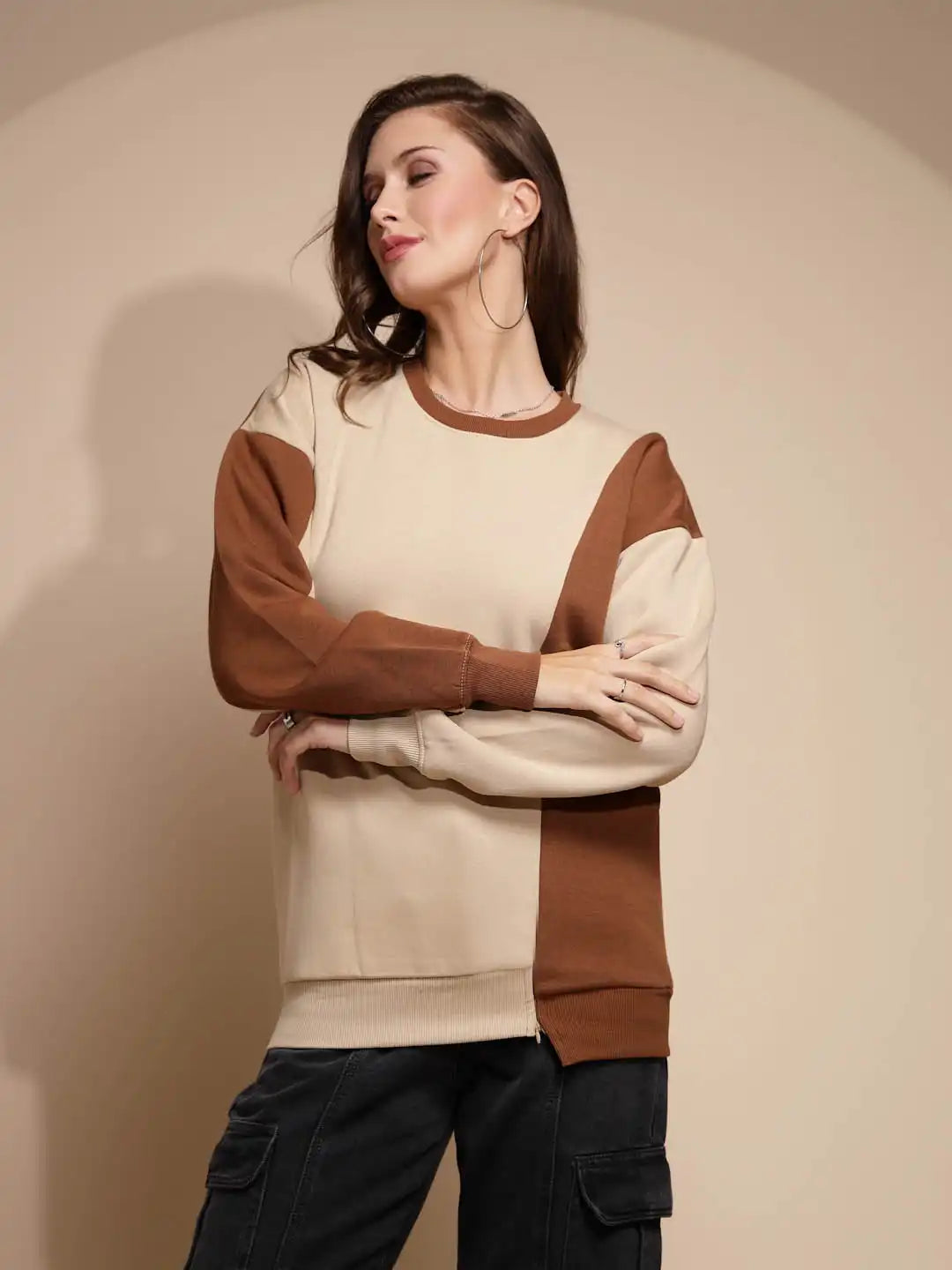 Beige Round Neck Hosiery Sweatshirt