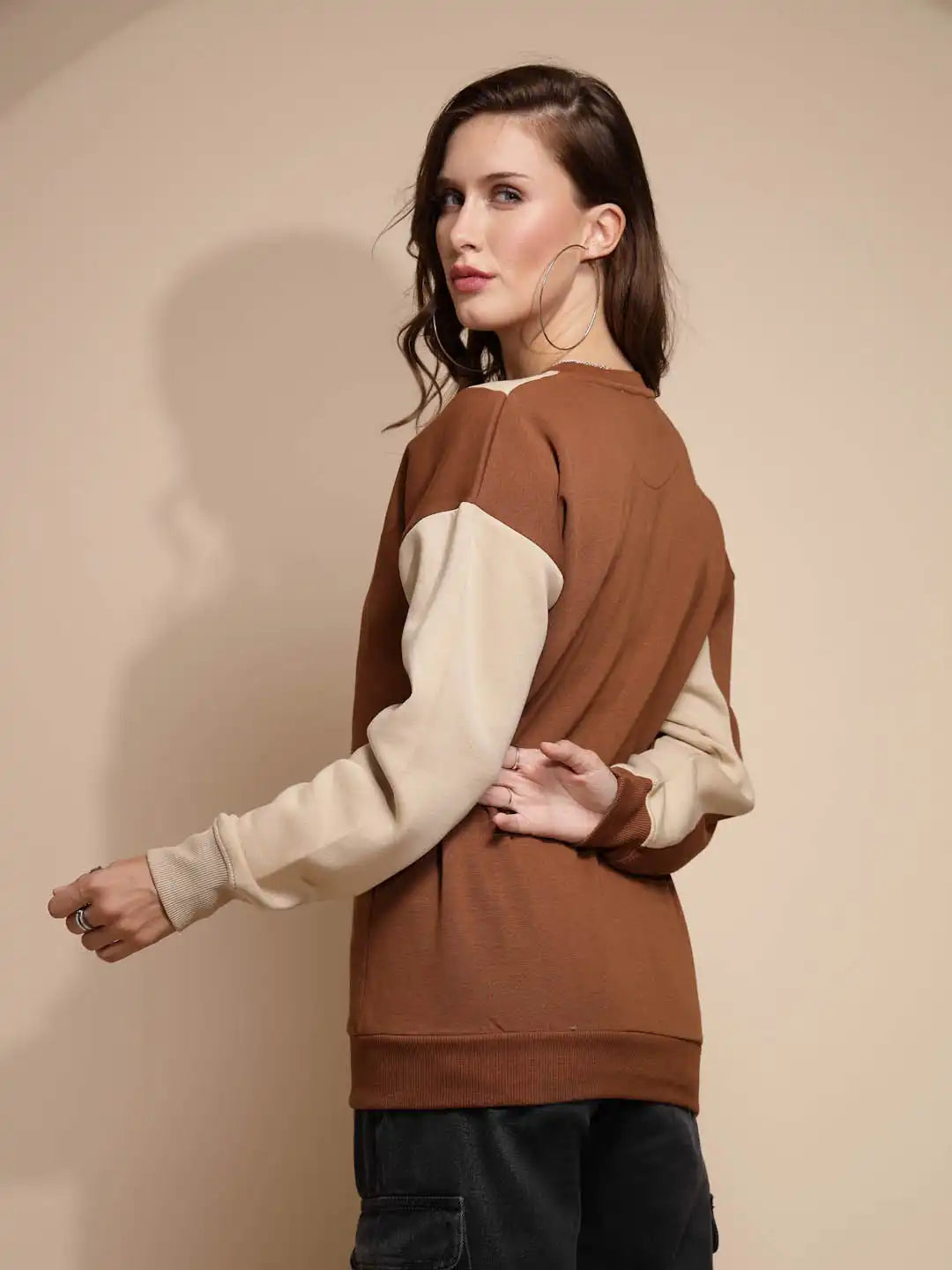 Beige Round Neck Hosiery Sweatshirt