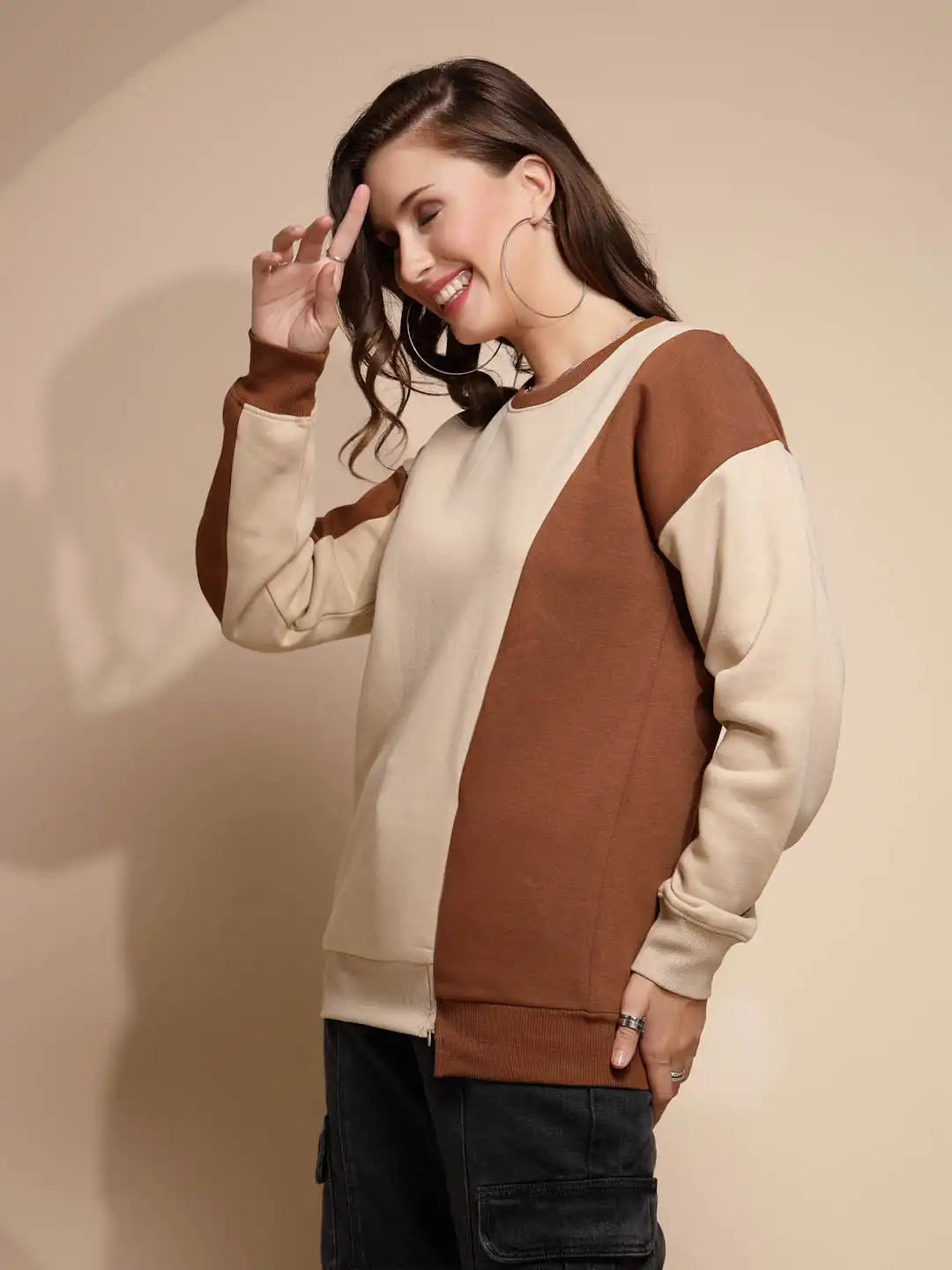 Beige Round Neck Hosiery Sweatshirt