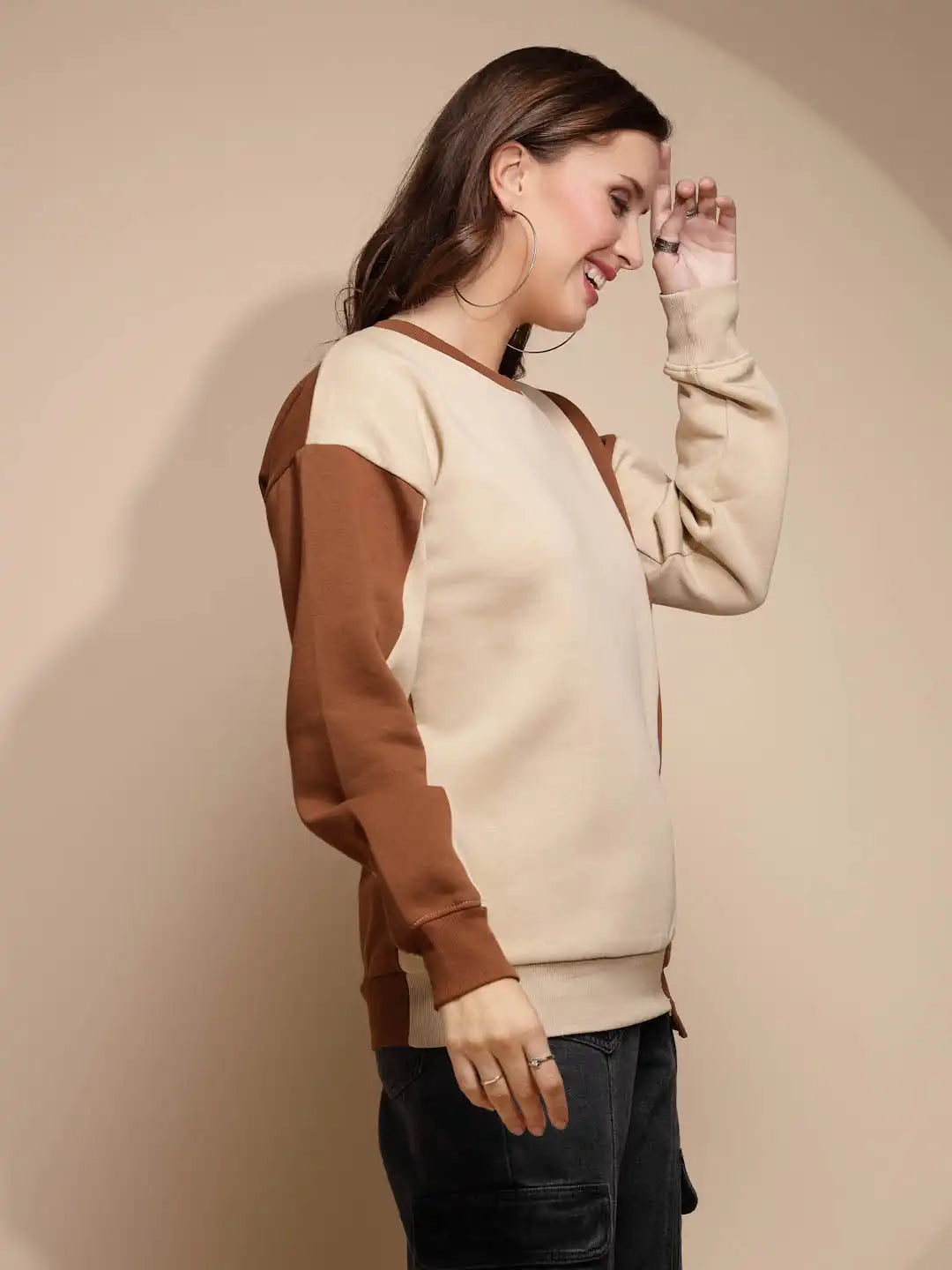 Beige Round Neck Hosiery Sweatshirt