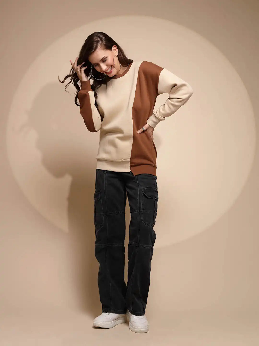 Beige Round Neck Hosiery Sweatshirt