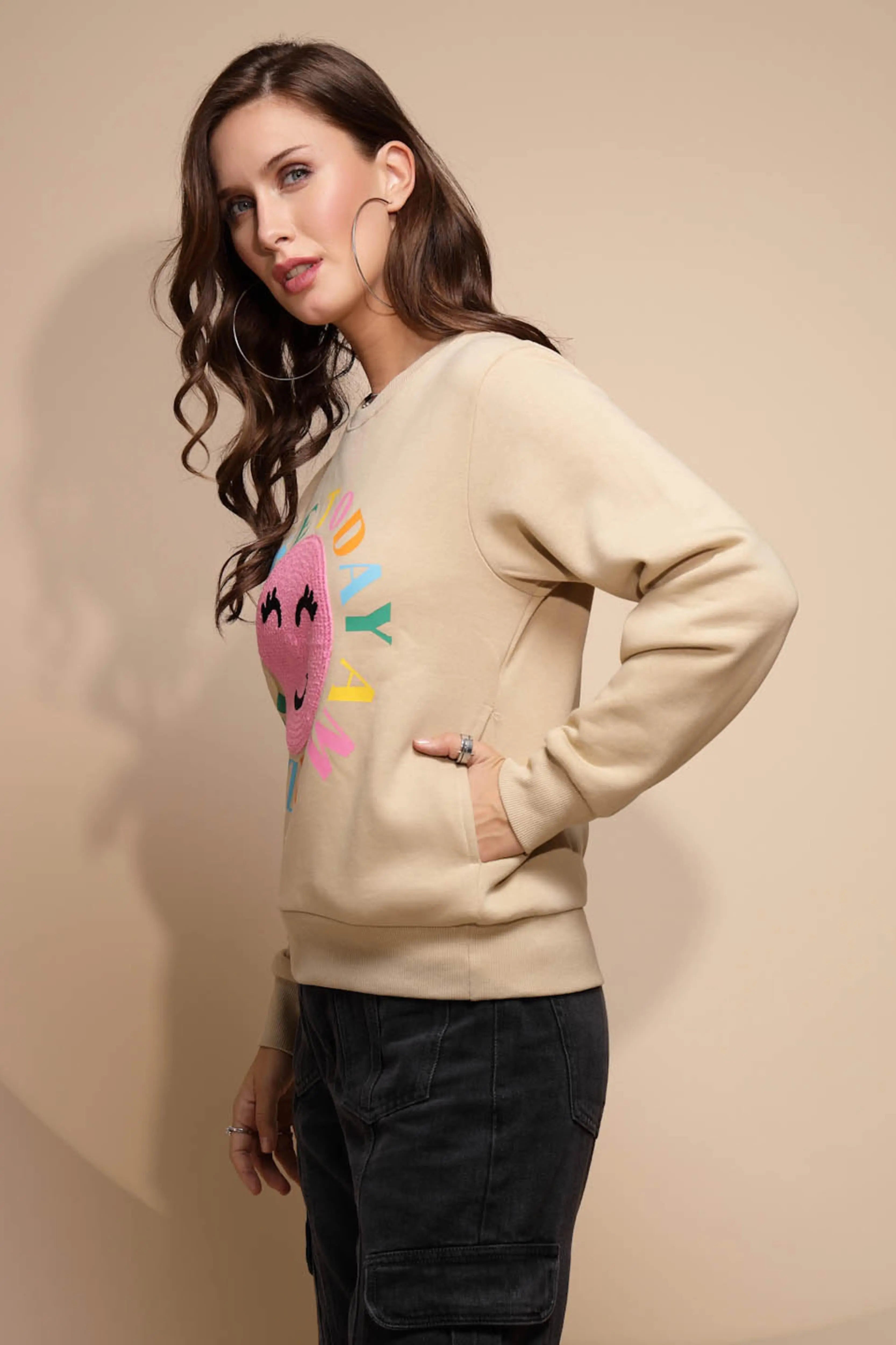 Beige Embroidered Cotton Blend Sweatshirt - Global Republic