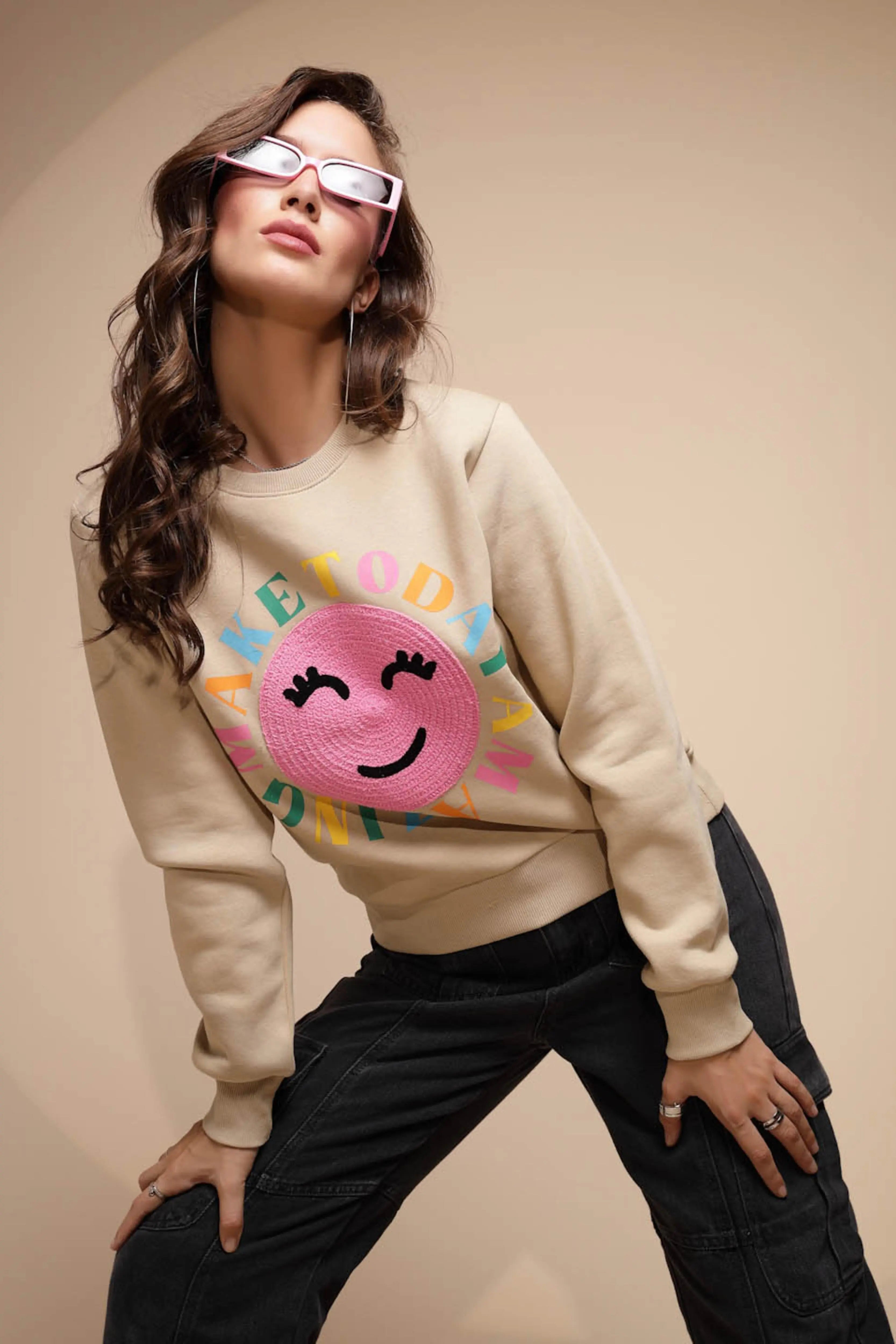 Beige Embroidered Cotton Blend Sweatshirt - Global Republic