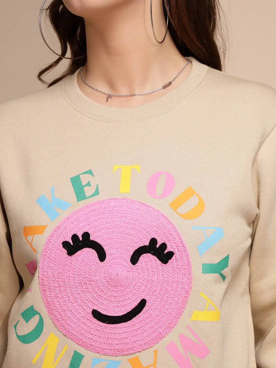 Beige Embroidered Round Neck Sweatshirt