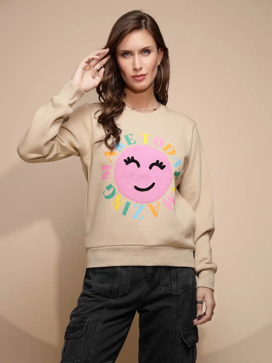 Beige Embroidered Round Neck Sweatshirt